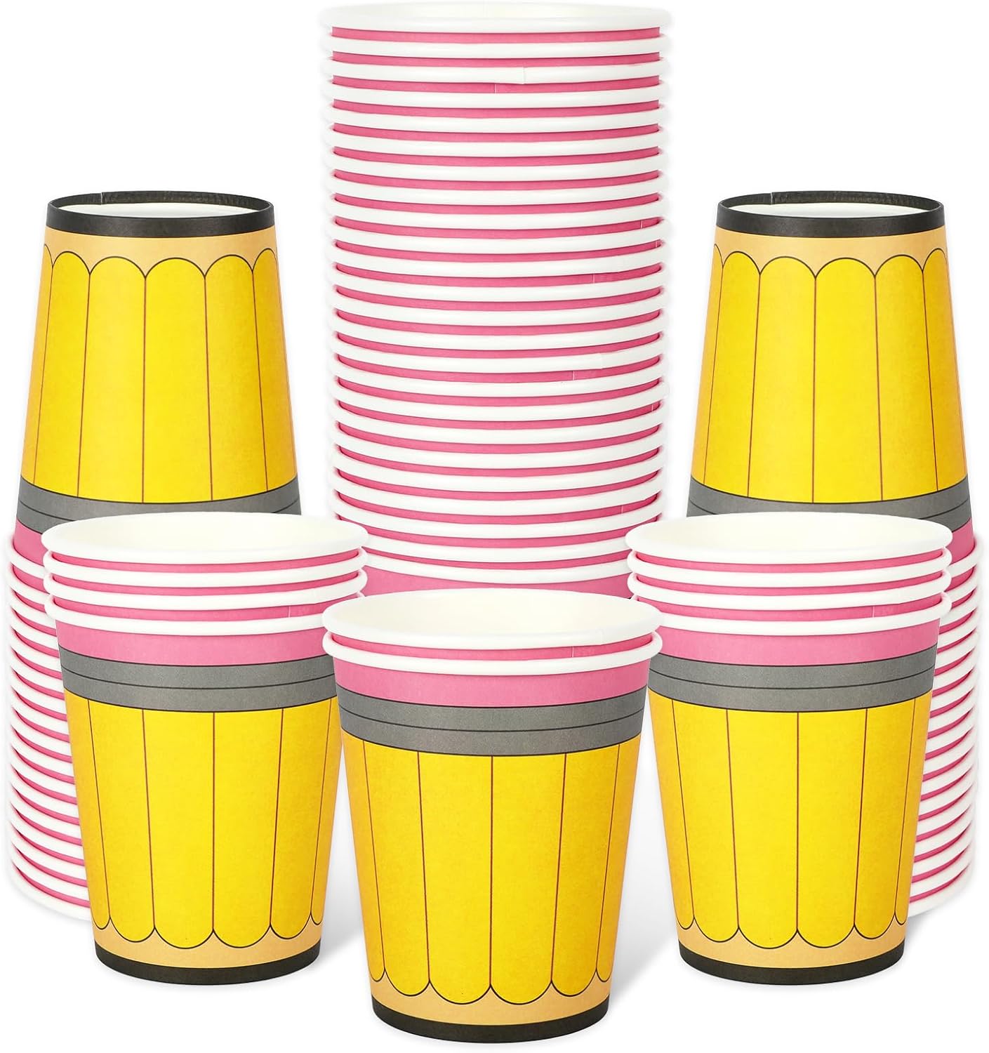 50Pcs Back to School Paper Cups 9 oz Yellow Pencil Design Disposable Cups School Season Coffee Tea Cups Cute Small Snack Cups for First Day of School Party Supplies