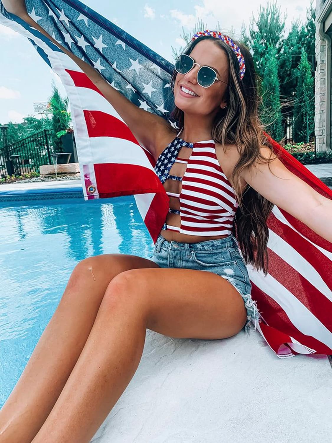 Rhinestone Headbands Patriotic Crystal Red White Blue Stripes Twist Hairband 4th of July Holiday Party Hair Accessories for Women