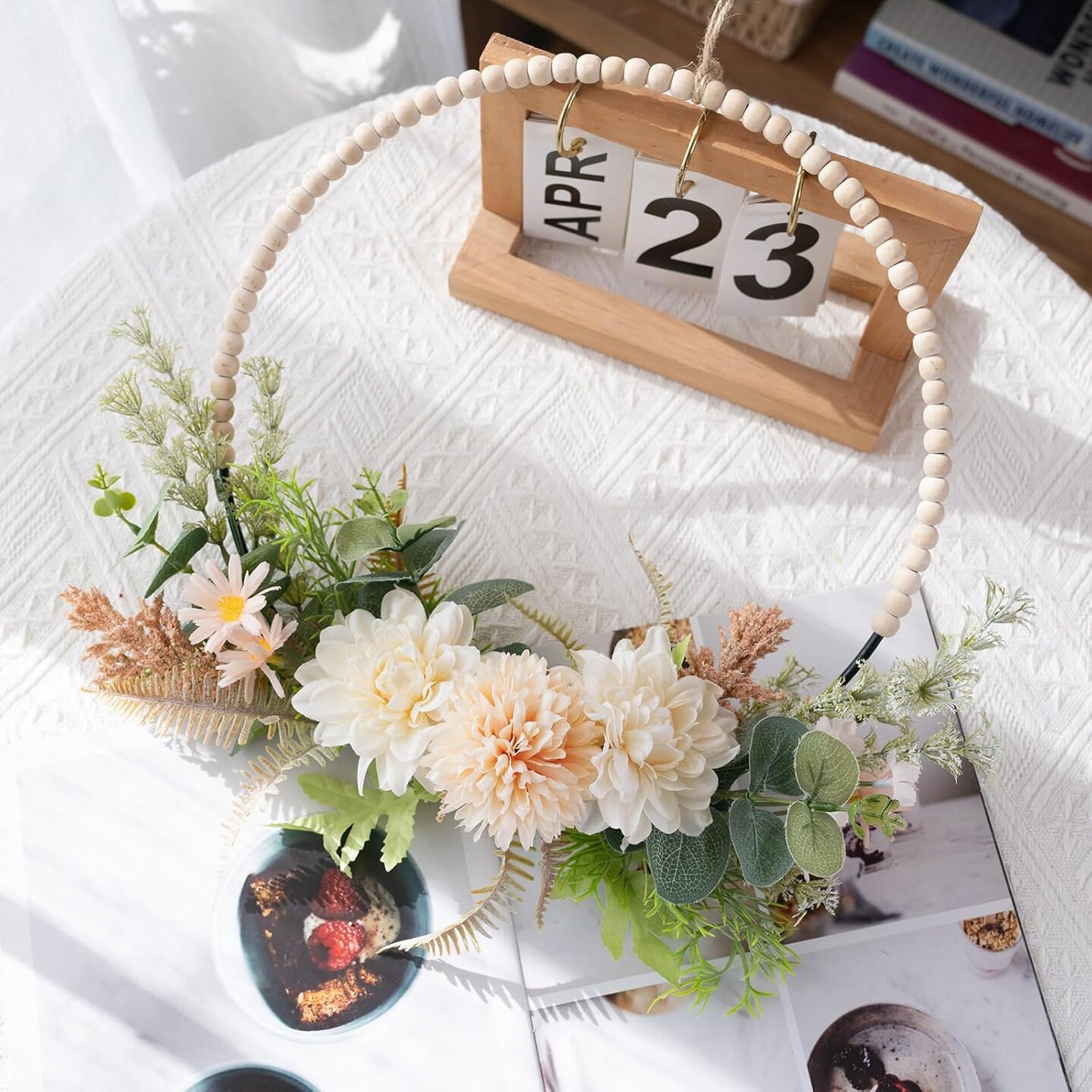 Artificial Flower Wreath for Front Door Floral Hoop Wreath Decor with Wood Beads Milk White Flowers Green Leaves Summer Home Decor