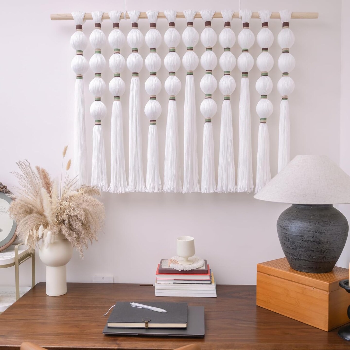 Large Macrame Wall Hanging: Extra Large Macrame Wall Decor, Boho Sphericity Fibre Yarn Art, Handmade Bohemian Woven Tapestry for Living Room Bedroom Wedding, 39&#x22; W x 30&#x22; L, White