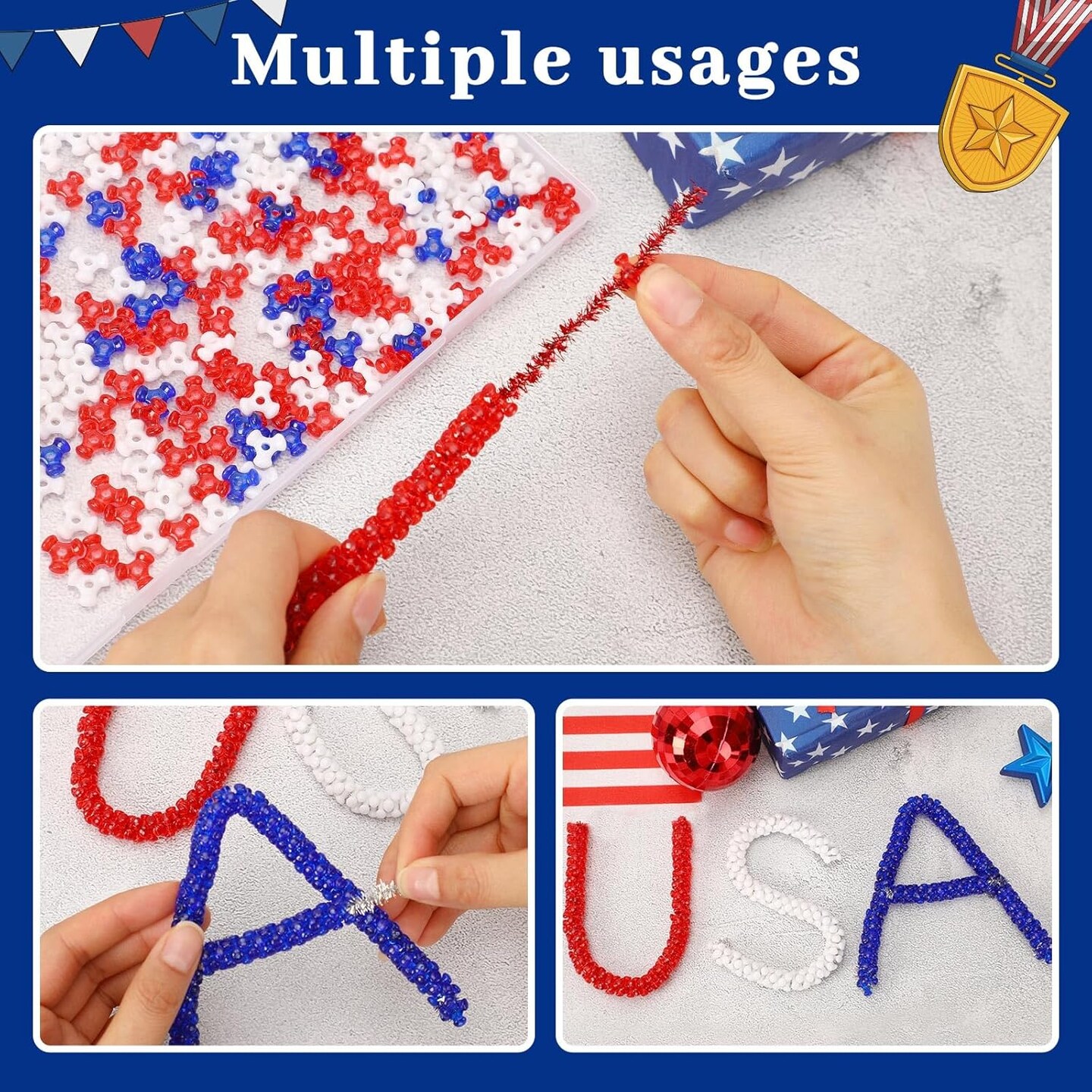 4th of July Tri Beads, 1200Pcs Plastic Red White Blue Tri-Shaped Beads for Jewelry Making Patriotic Crafts Independent Day DIY Necklace Bracelets Hair Beads