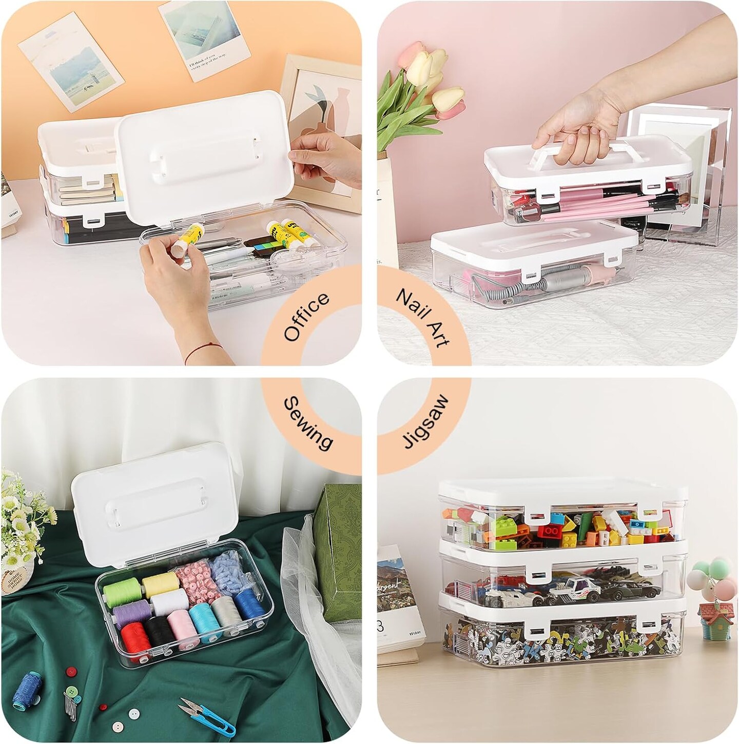 3 Pack Clear Plastic Storage Box with Handle &#x26; Flap Lid, Portable Craft Organizers and Storage Box Art Supply Storage Organizer Multipurpose Plastic Sewing Box for Beads Pencils Sticky Notes