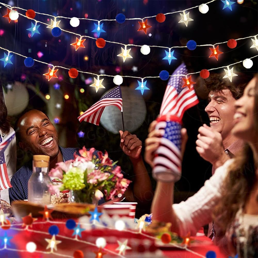 Red White and Blue Star String Lights 4th of July Decorations Pom Pom Star Lights Battery Operated with Timer Fairy Lights for Independence Day Memorial Patriotic Fourth of July Decor for Home
