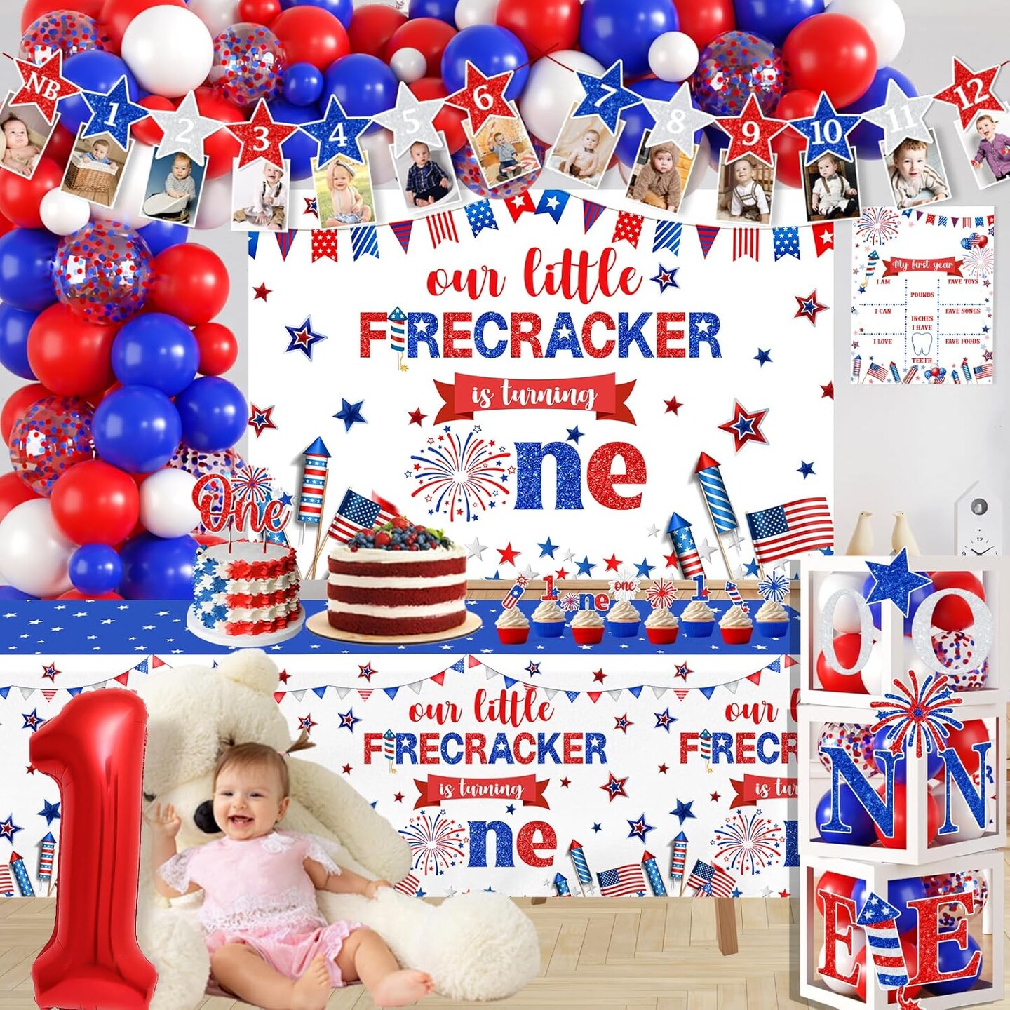 4th of July Birthday Decorations, Little Firecracker First Birthday Party Supplies Backdrop Balloon Box Cake Cupcake Topper Tablecloth for Baby Shower Memorial Day Independence Day Decorations