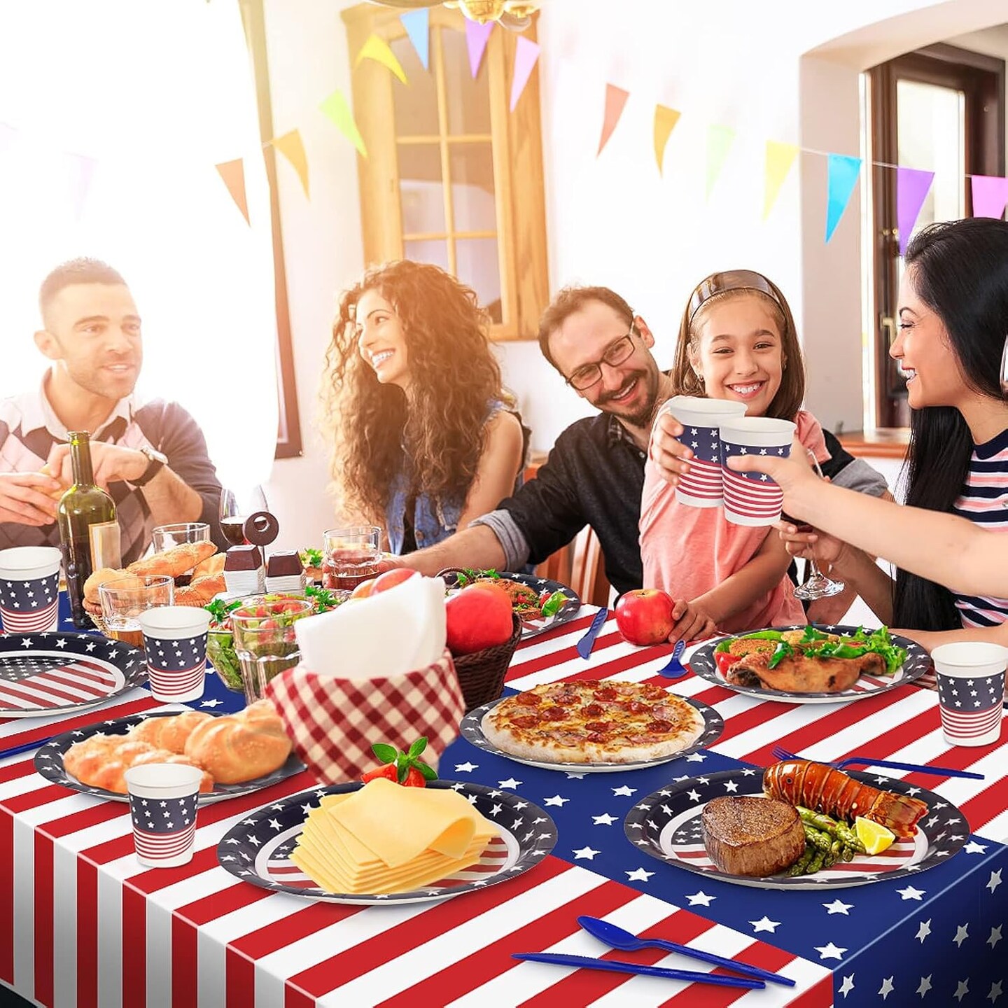 Patriotic Party Supplies Set, 152-Piece American Flag Decorations with Tablecloth, Plates & Cups – Red, White and Blue Decor for 4th of July, Memorial Day, Outdoor Picnic