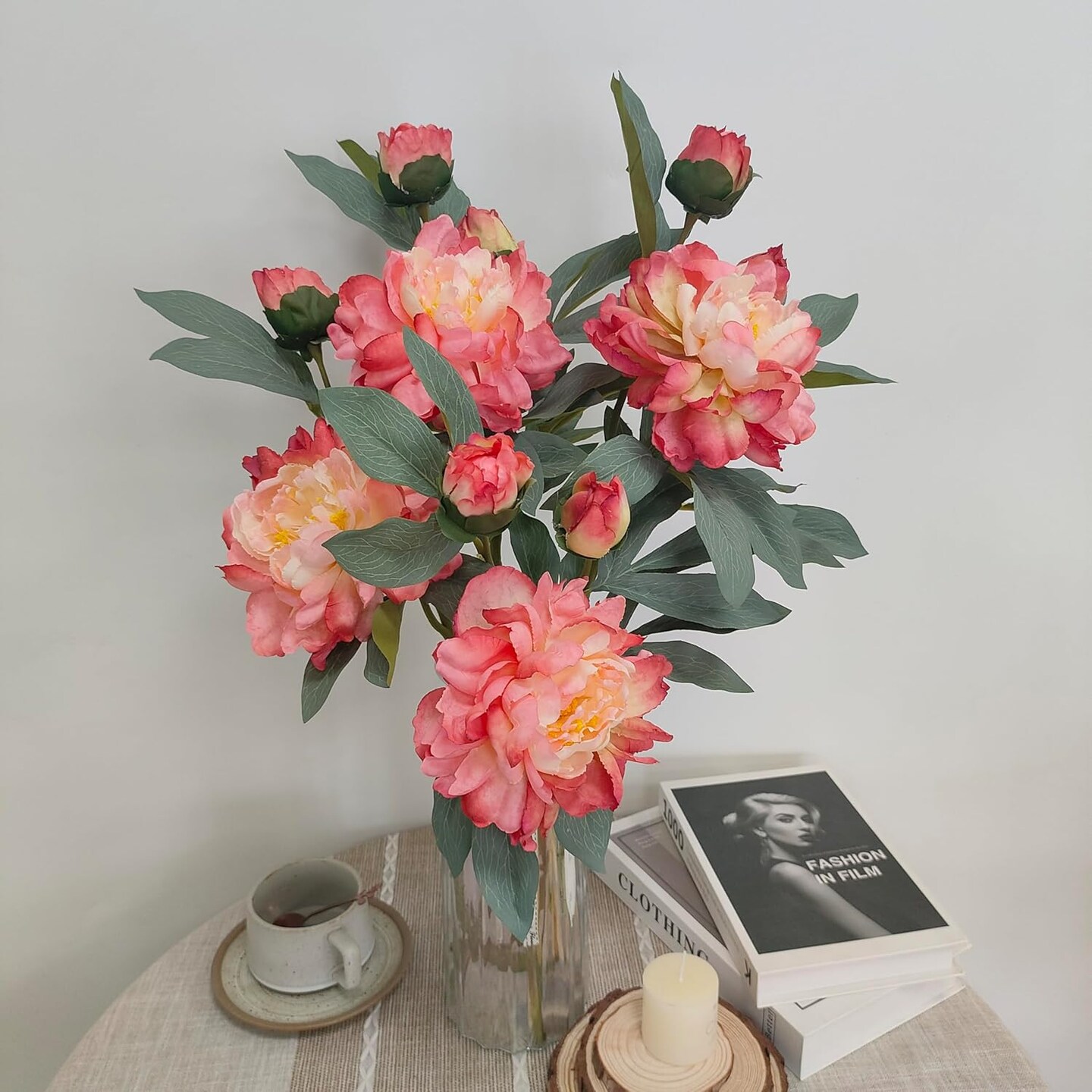Coral Pink Peonies Artificial Flowers,4 Pcs Fake Silk Peonies with Stems Real Look,Peony Bush for Home Decor (4, Coral Pink)