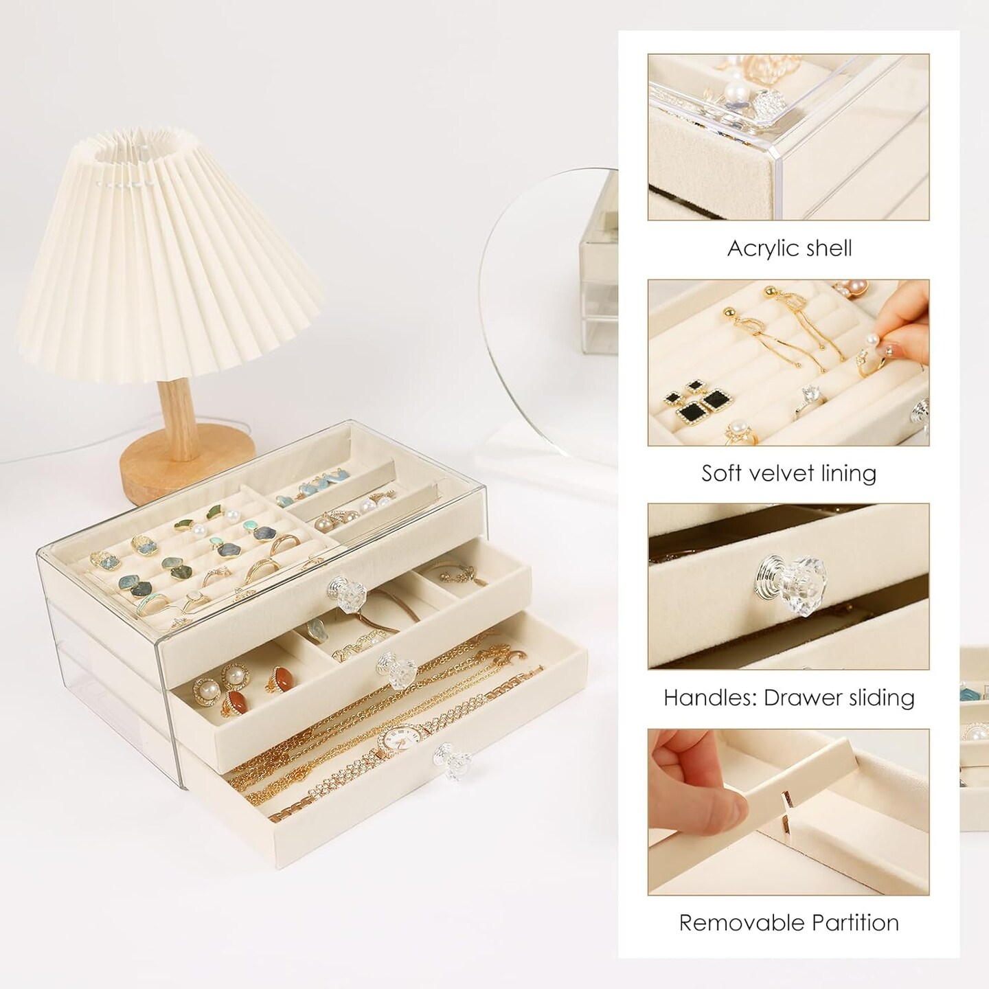 Earring Holder Organizer, Acrylic Jewelry Box with 3 Drawers, Earring Storage Box for Earrings, Rings, Necklaces, Bracelets, Jewelry Organizer and Storage for Women, Velvet Trays, Christmas Gift