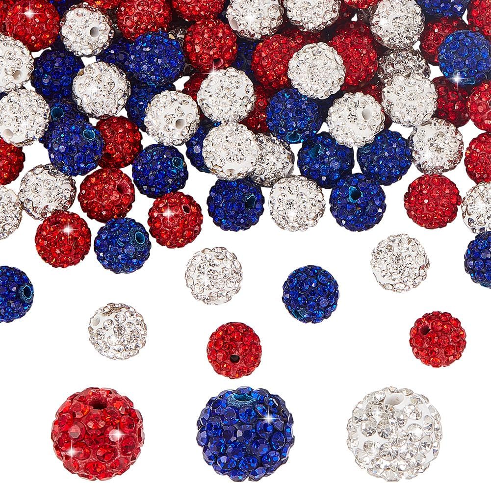 120pcs 4th of July Patriotic Crystal Beads – 10mm Red & Blue Polymer Clay Pave Disco Ball Beads for DIY Friendship Bracelets, Necklaces, Earrings, and Independence Day Jewelry Crafts