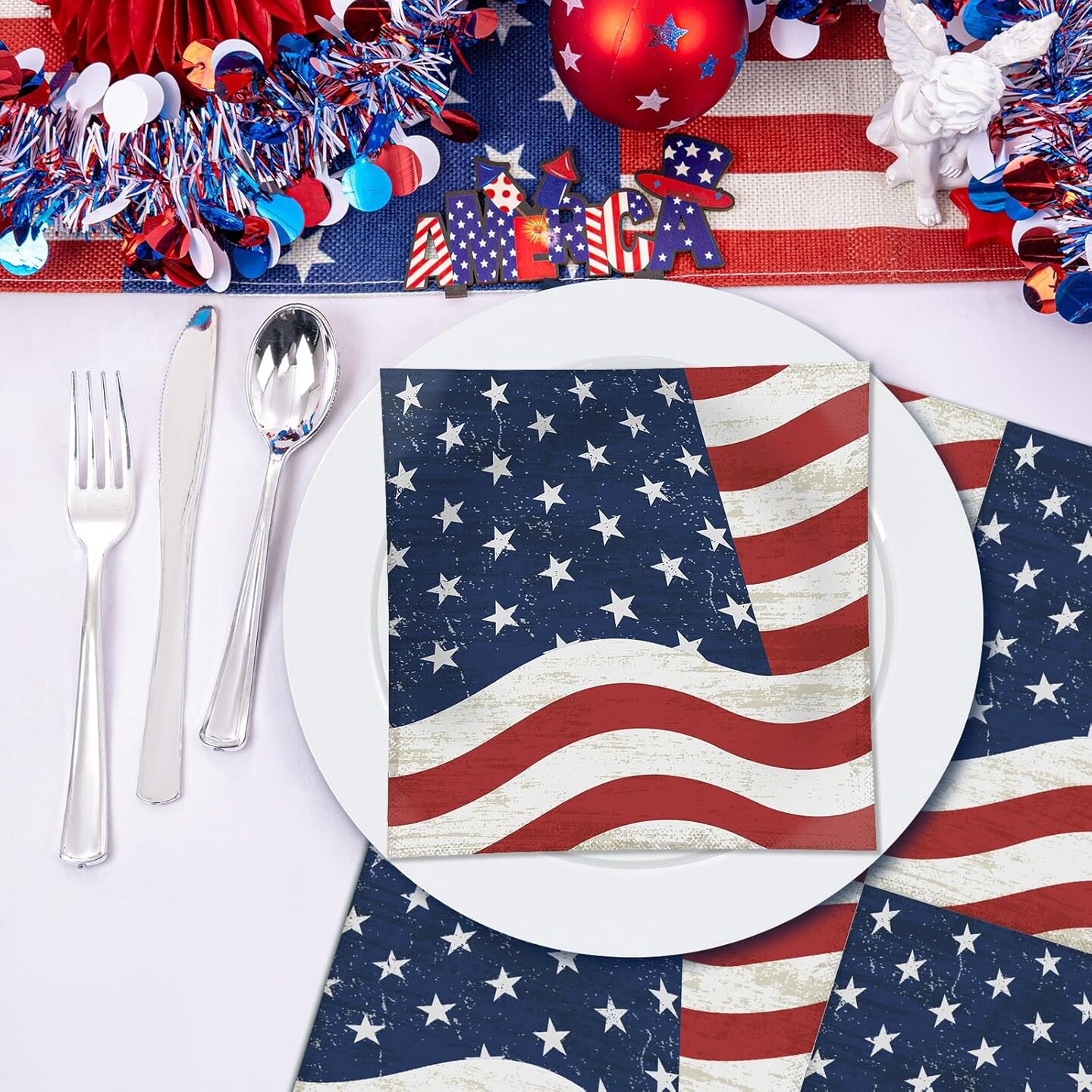 50 Pcs American Flag Patriotic Party Napkins, 4th of July Disposable 3-Ply Cocktail Paper Napkins, Red White and Blue Luncheon Napkins for Veterans Day Independence Day Memorial Day Party Decorations