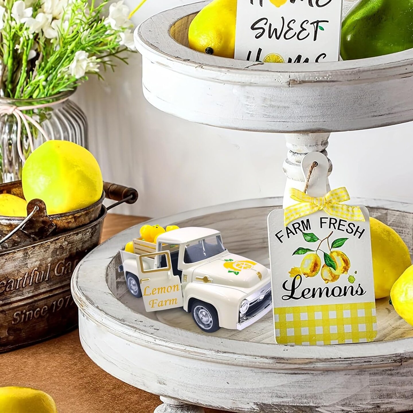 Lemon Decor Vintage Truck Decor with Mini Faux Lemons and Wooden Crate Summer Tabletop Decor Lemon Decorations for Home Desk Shelf Farmhouse Kitchen Centerpieces for Tables- Cream