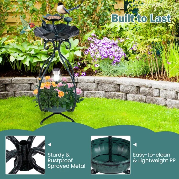 Solar Outdoor Bird Bath &#x26; Feeder Combo with Flower Planter