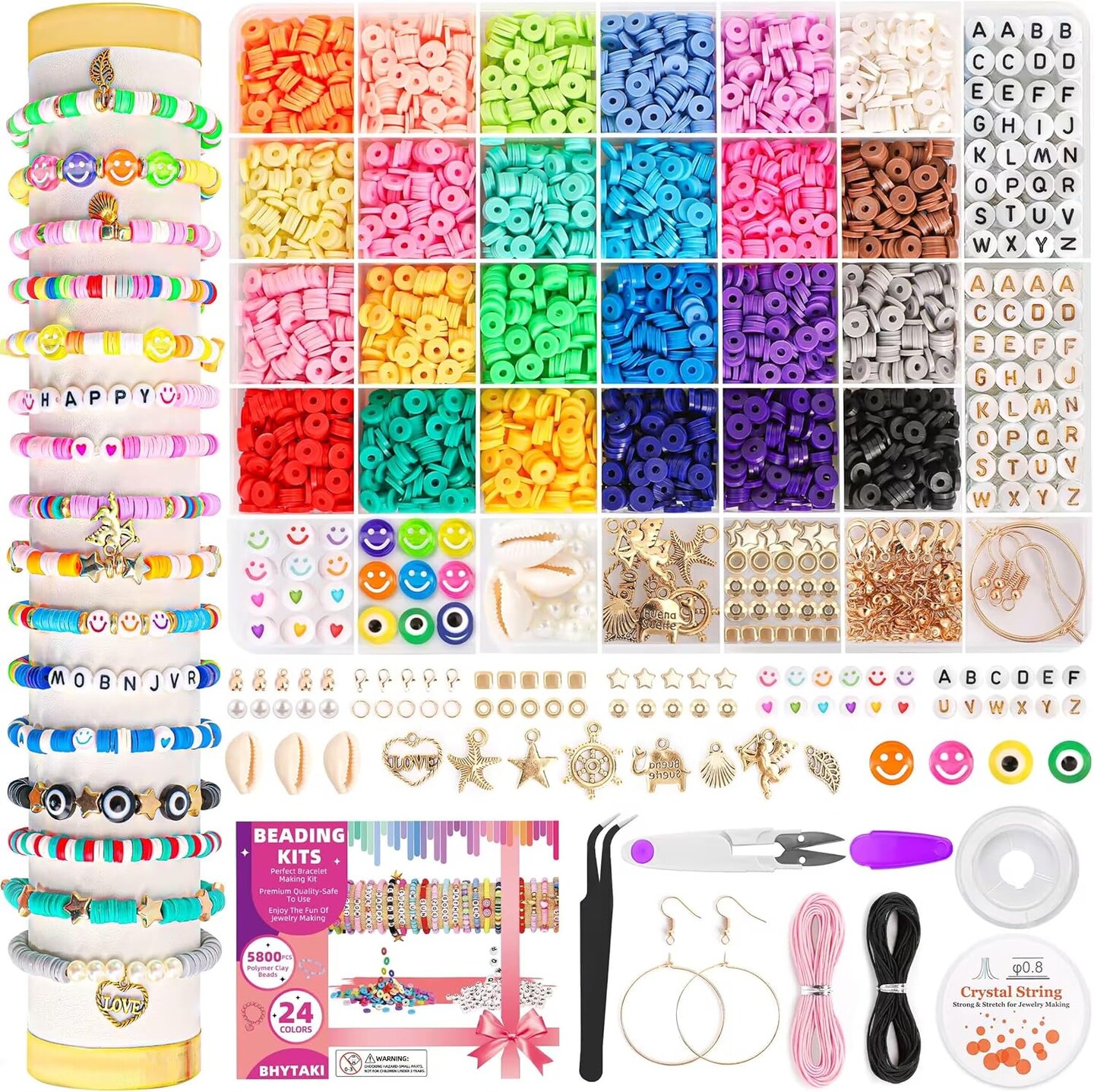5800 PCS Clay Beads Bracelet Making Kit, 24 Colors Flat Preppy for Friendship Jewelry Making, Polymer Heishi with Charms DIY Arts and Crafts Birthday Gifts Toys Teen Girls Age 6+