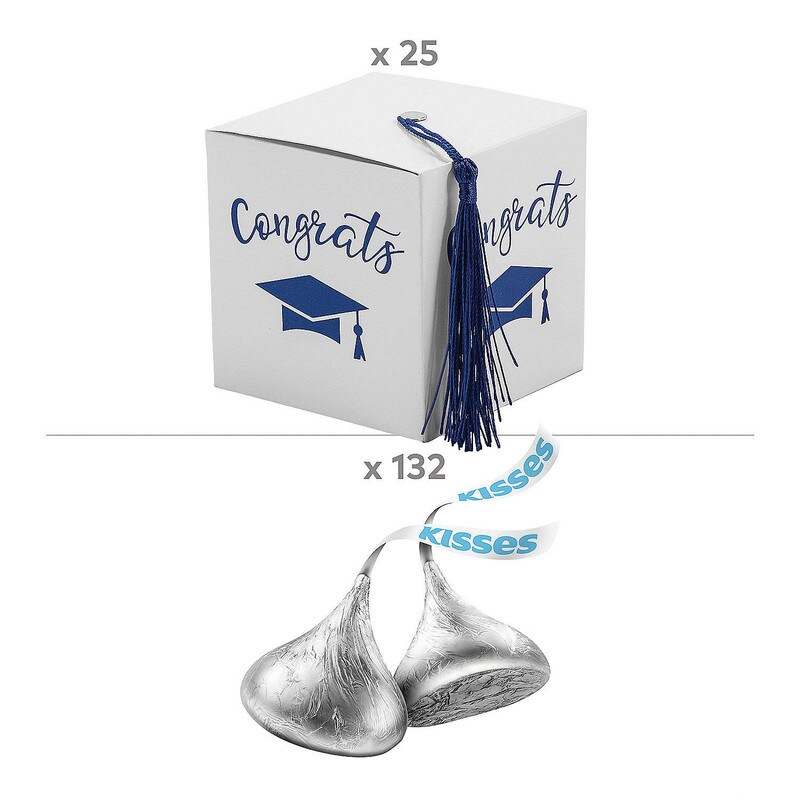 Graduation Favor Boxes with Blue Tassel & Blue Hershey’s Kisses Kit for 25