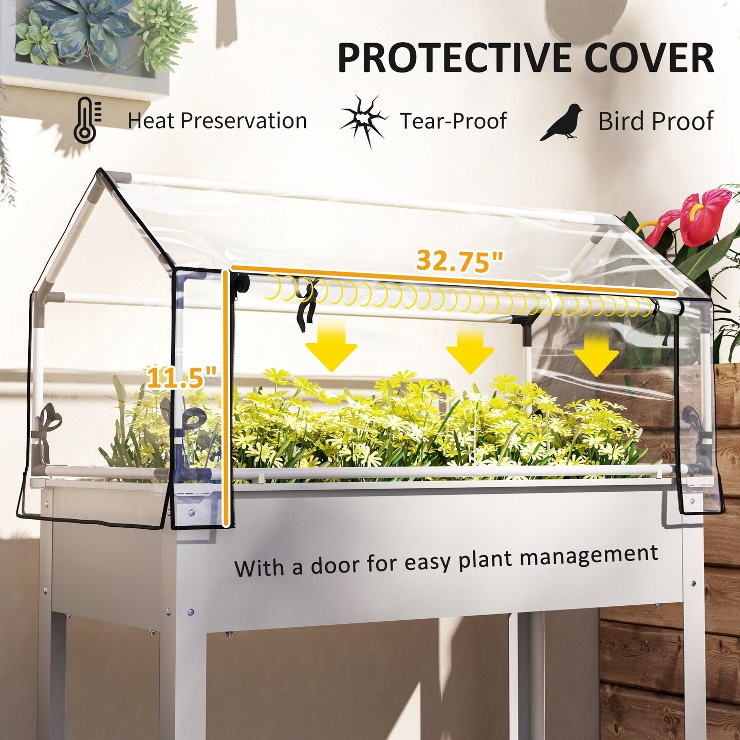 White Elevated Garden Box with Greenhouse Cover &#x26; Drainage Hole
