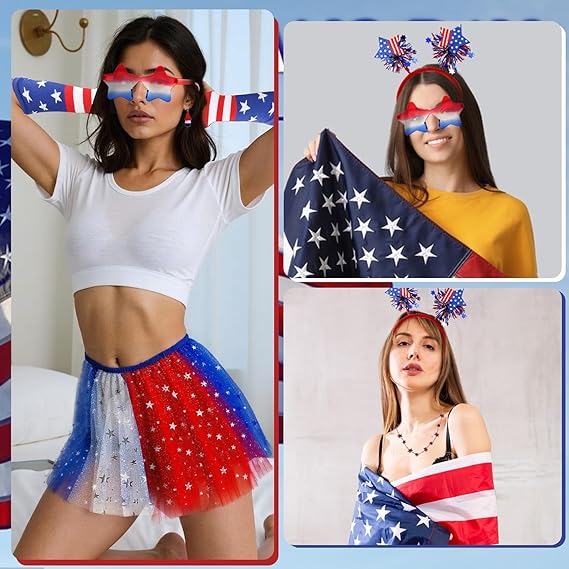 4th of July Accessories Set - USA Flag Headbands | Red White and Blue Patriotic Costume Accessories Set | Independence Day Accessories Gift for Women Girls Independence Day Memorial Day Party Favors