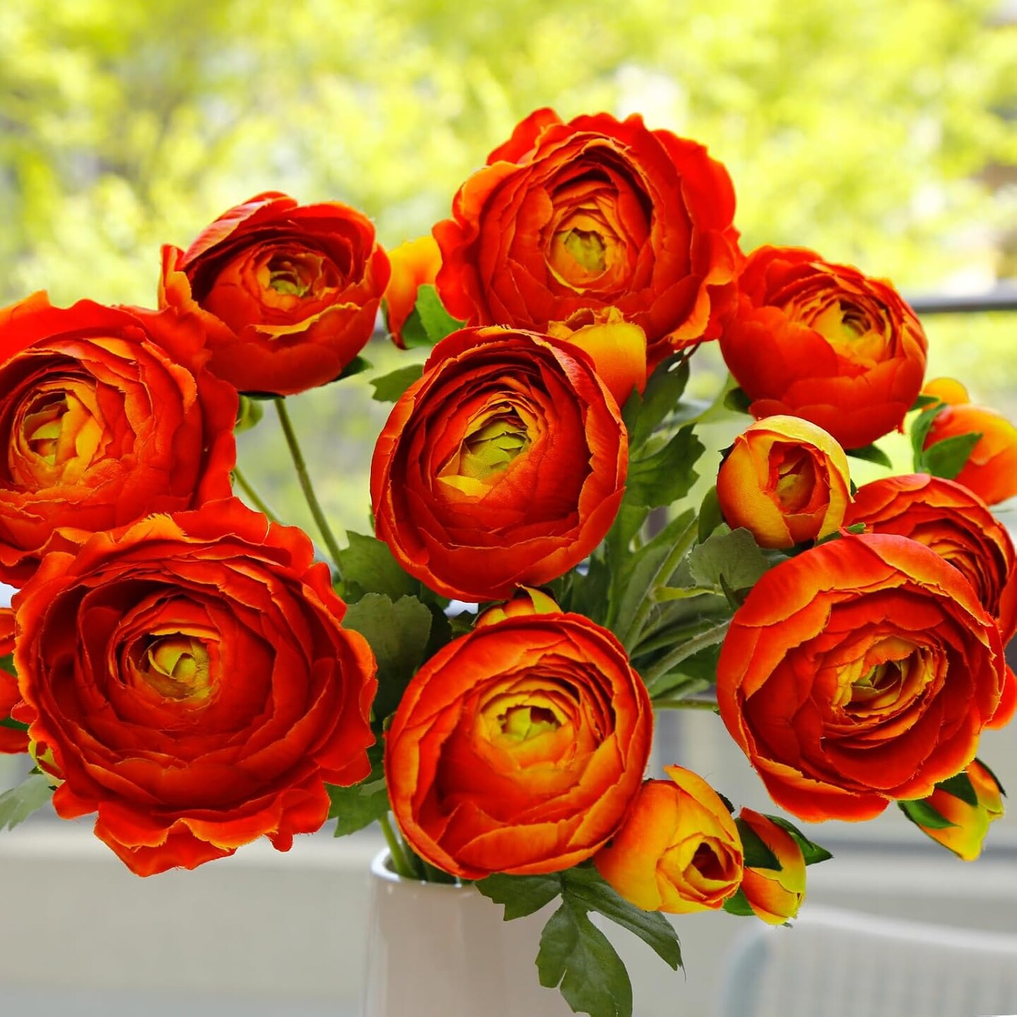 9 Pcs Ranunculus Artificial Flowers 17.3&#x22;, 27 Heads Faux Silk Ranunculus with Long Stems, Fake Flowers for Home Decor Indoor, Wedding Bouquets Centerpiece (Orange)