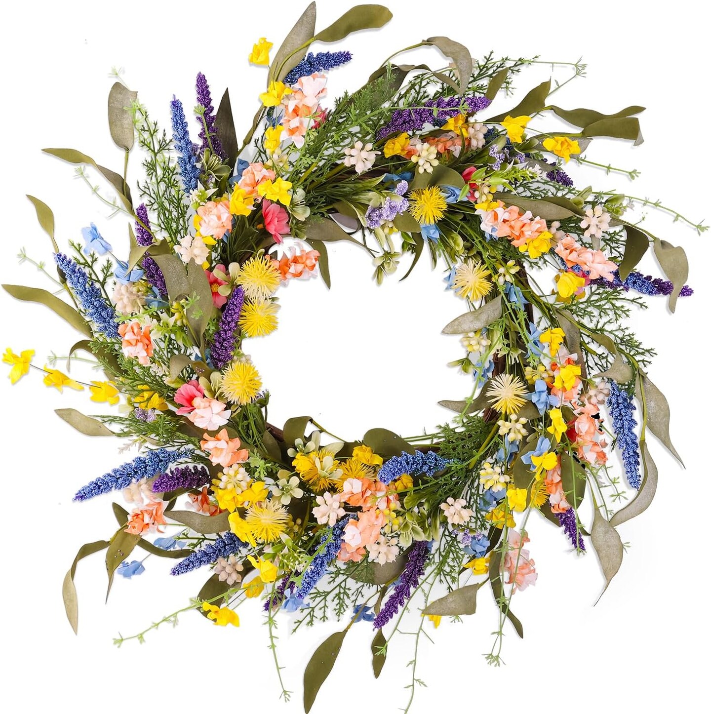 22&#x22; Colorful Wildflower Spring Summer Wreath with Green Leaves, Floral Artificial Wreath for Front Door Home Wall Wedding Farmhouse Holiday Outdoor Indoor D&#xE9;cor (Yellow)