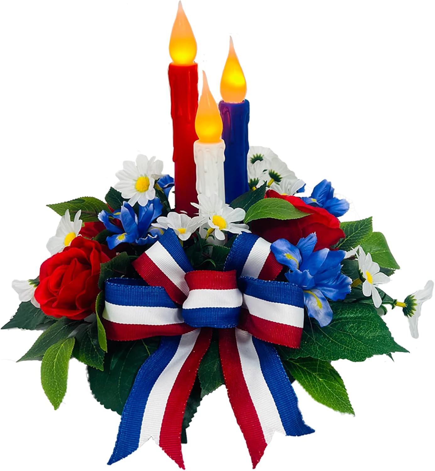 4th of July Decorations,Patriotic Floral Arrangement Centerpiece for Table, Red White and Blue Fake Flowers Fourth of July Taper Flameless Candles for Independence Day Home Decor