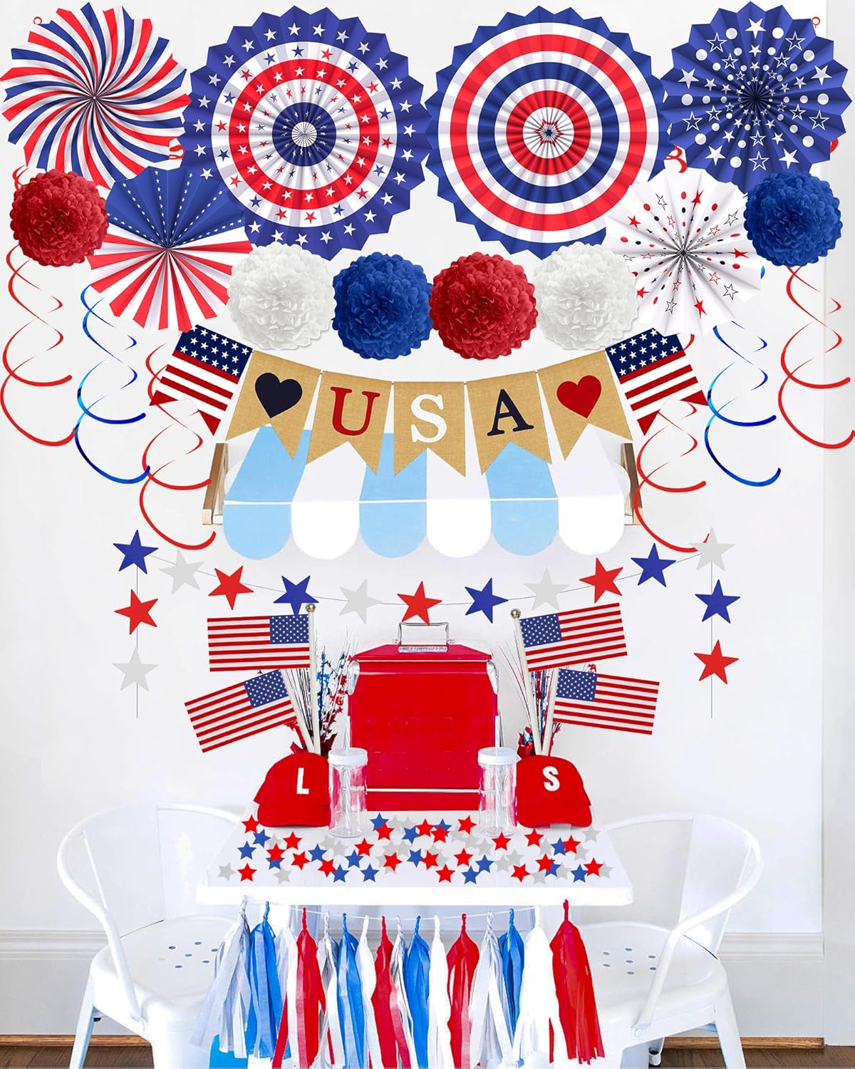 30-Piece Patriotic Decorations Set, LOVE USA Banner, American Flag Paper Fans and Pom-Poms, Red White & Blue 4th of July, Veterans Day, Labor Day, Memorial Day Indoor & Outdoor Party Decor