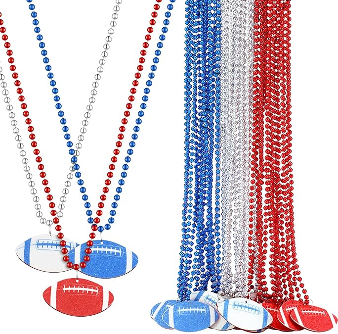 24 Pcs Football Mardi Gras Beads Decoration Necklace Glitter Throws Bulk Football Pendant Beads Necklaces for Decorations