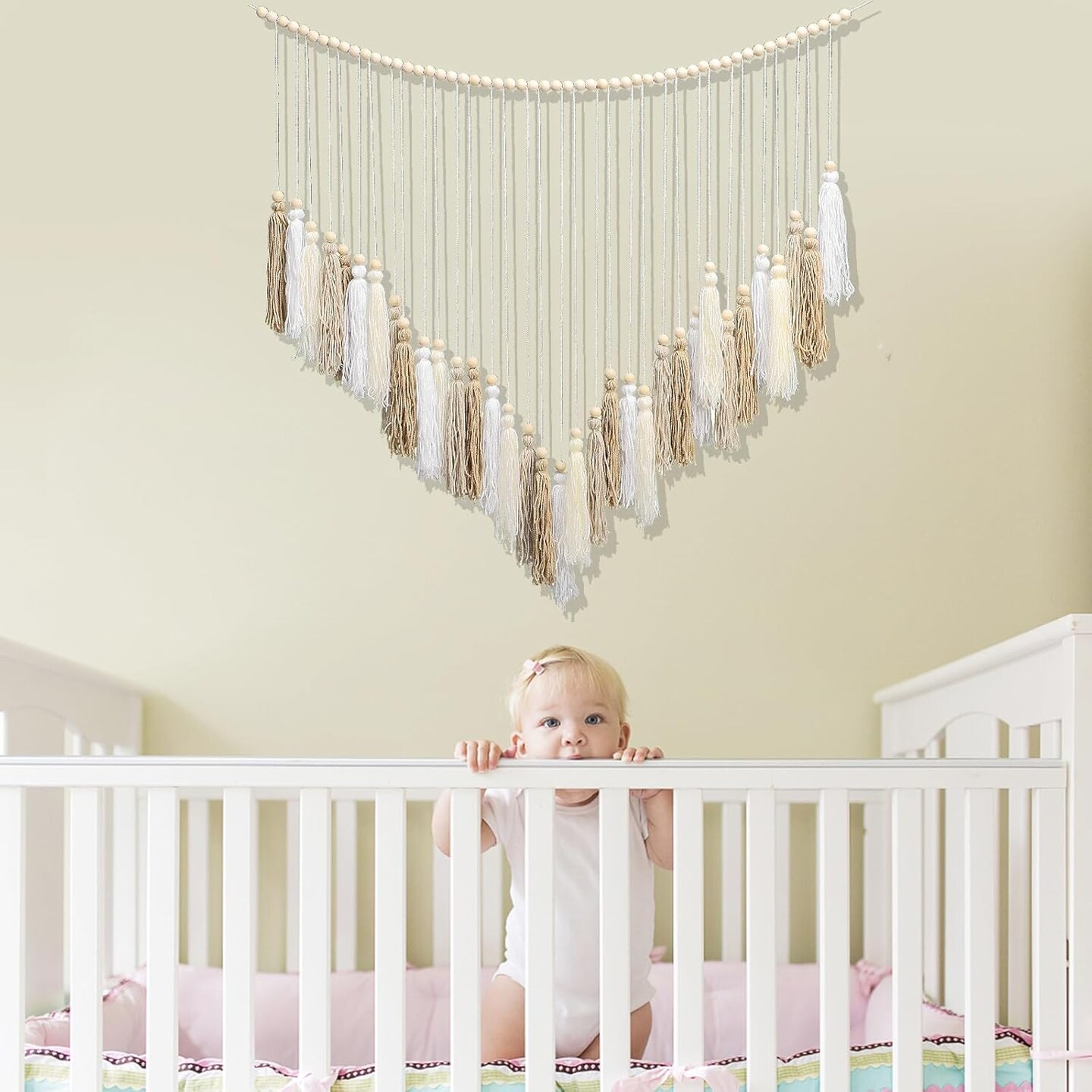 Macramé Wall Hanging – Cream & Beige Boho Tassel Wall Décor, Large Handmade Bohemian Art for Bedroom, Living Room, Dorm, Girls’ Room, or Nursery, 41" W x 32" H