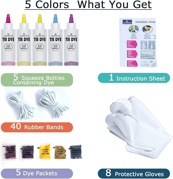 5-Color Tie Dye Kit – Permanent Fabric Dye Art Set for Kids and Adults. Perfect for School Projects, DIY Gifts, Creative Group Activities, and Fun Homemade Parties.
