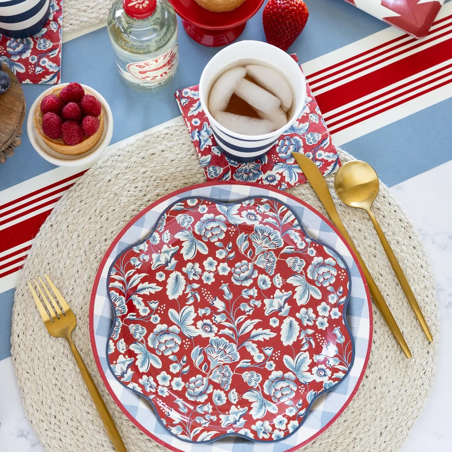 4th of July Blue Gingham Dinner Plate | Patriotic Red White and Blue Paper Plates