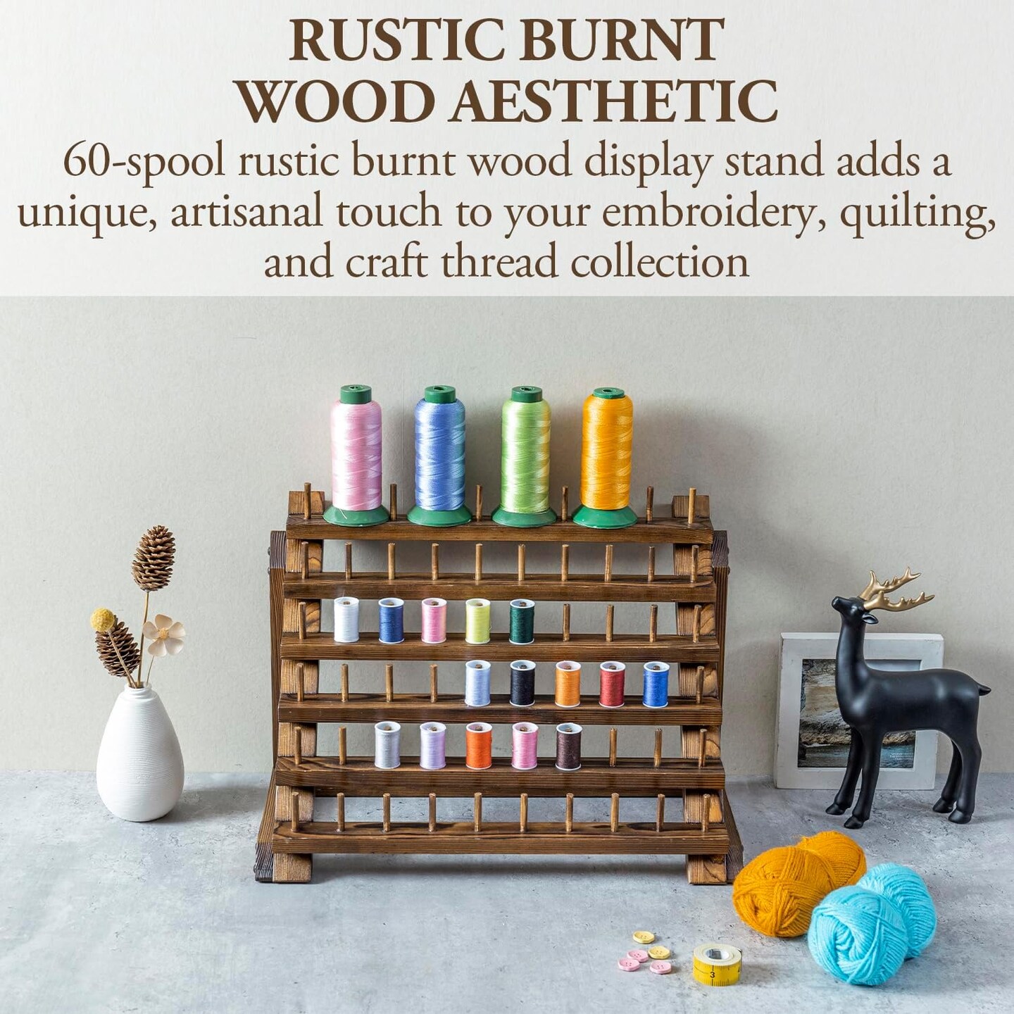 60 Spools Rustic Burnt Solid Wood Tabletop Thread Storage Organizer Display Stand, Wooden Rack Spool Holder for Embroidery Quilting Craft Kit Threads