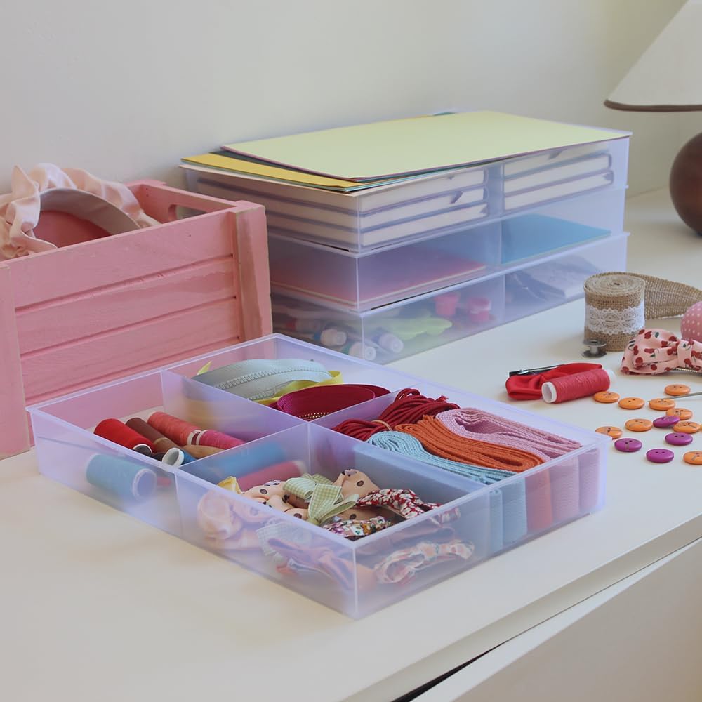 2-Pack Large 4-Grid Clear Plastic Organizer Trays – Fixed Compartments for Hardware, Crafts, Sewing Kits, Office Supplies, and Small Parts