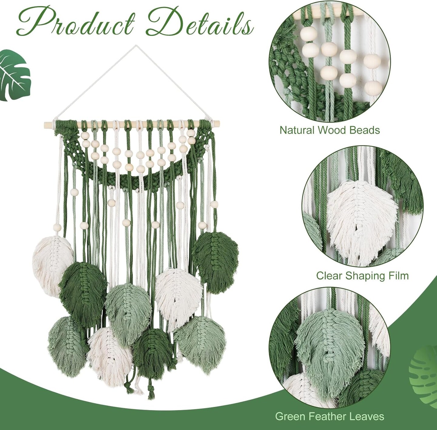 Leaves Macrame Wall Hanging Boho Feather Macrame Wall Decor Woven Tapestry Green Stylish Feather Hanging for Nursery Bedroom Living Room 27.6 x 15.8 Inch