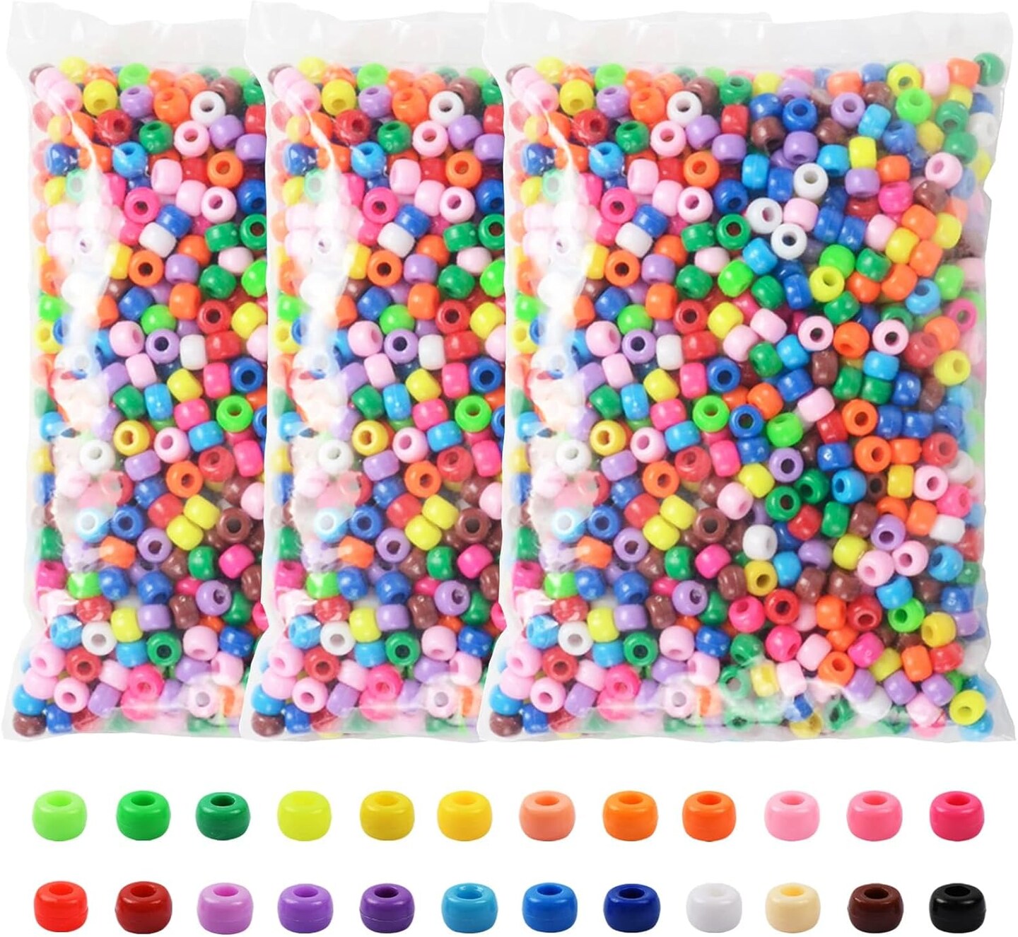 Pony Beads 3600 Pcs 6x9mm Multi-Colored Plastic Craft Beads Set, Bulk Rainbow Hair Beads 24 Assorted Colors for DIY Crafting Jewelry Making