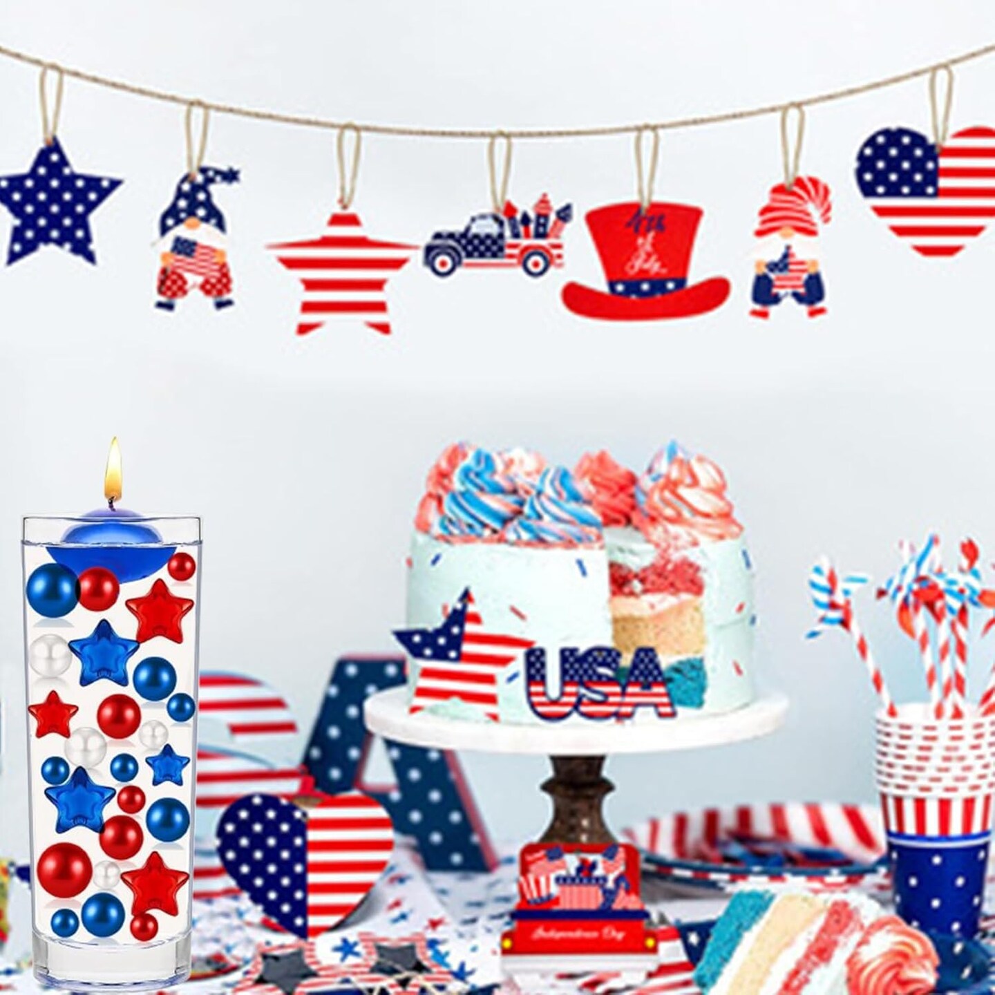 162 Pieces Patriotic Vase Filler Set - Red, White, and Blue Beads Blue Red Starsfor Vase Candles