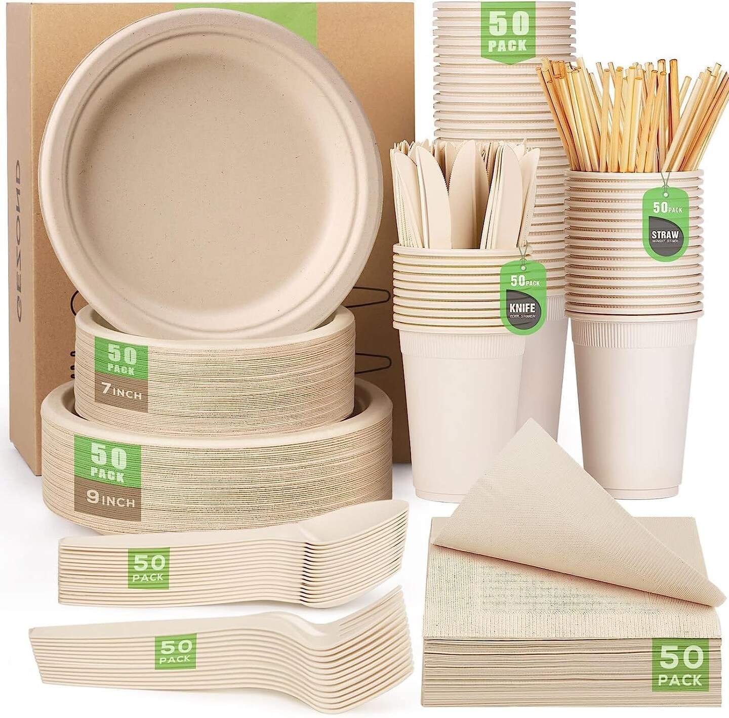 400pcs Compostable Paper Plates Set Eco-friendly Heavy-duty Disposable Paper Plates Cutlery Includes Biodegradable Plate, Forks, Knives, Spoons, Cups and Straws for Wedding Party
