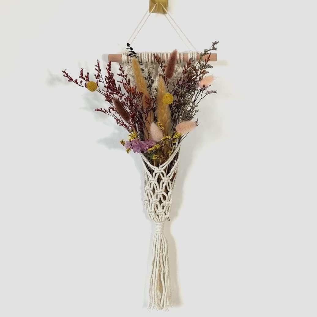 Boho Wall Hanging Dried Natural Flowers Decoration,Small Macrame Pampas Grass Preserved Green Eucalyptus Billy Balls Bunny Tail for Office Bedroom Apartment (A)