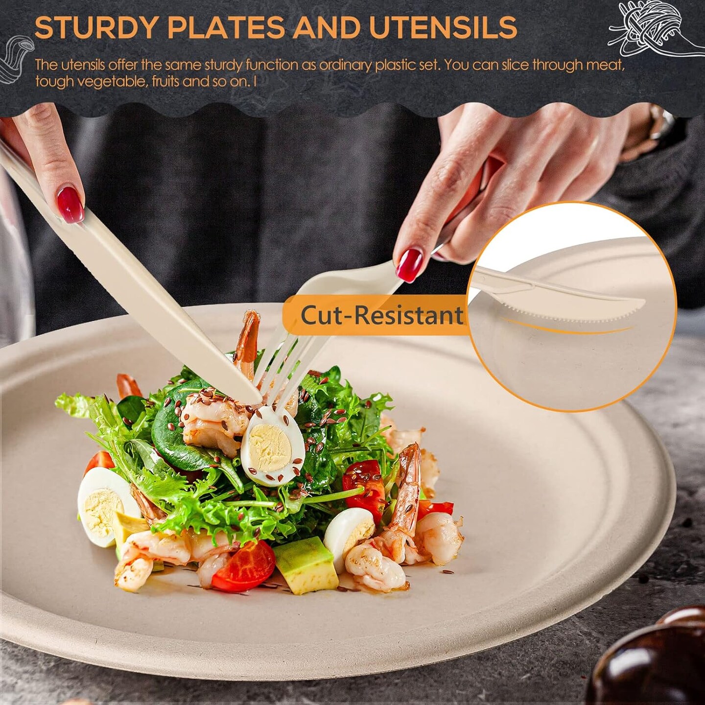 250Pcs Disposable Paper Plates Set, Compostable Plate Sugarcane Utensils Eco Friendly Dinnerware Kit Includes 50 Biodegradable Plates, Forks, Knives and Spoons for Brithday Party Camping