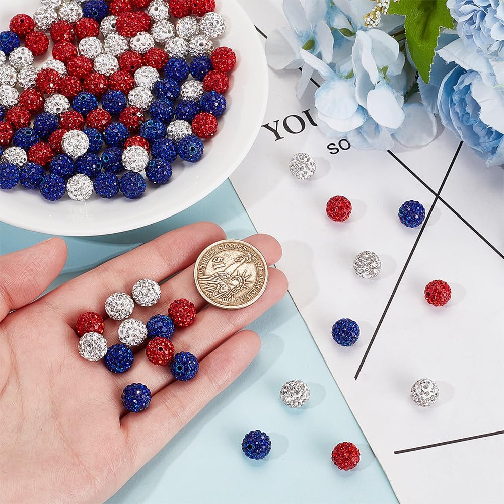 120pcs 4th of July Patriotic Crystal Beads – 10mm Red & Blue Polymer Clay Pave Disco Ball Beads for DIY Friendship Bracelets, Necklaces, Earrings, and Independence Day Jewelry Crafts
