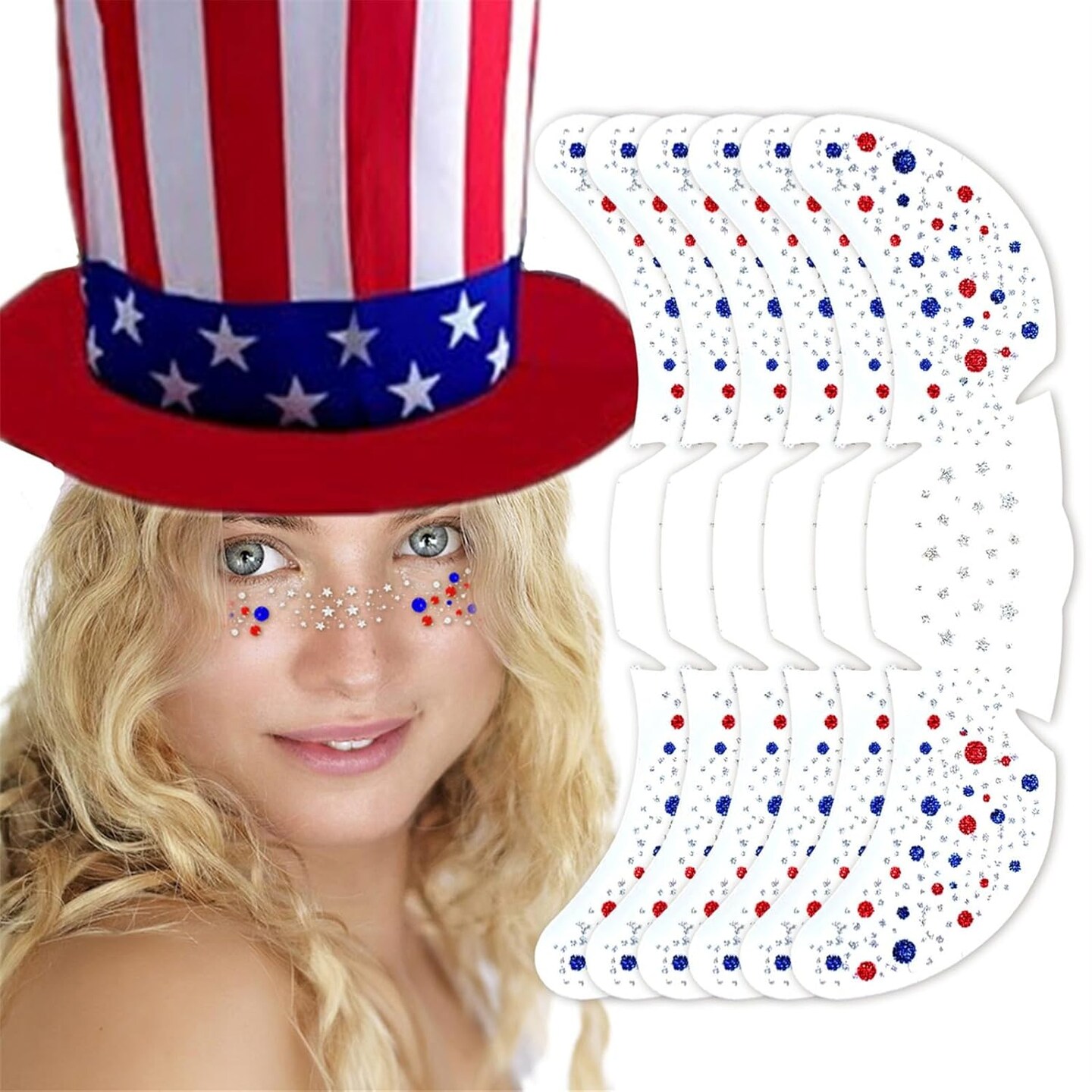 6PCS Red White and Blue Face Glitter Freckles,4th of July Accessories,Temporary Tattoos Face Stickers,Fourth of July Outfits Women Kids,USA Flag Pride Glitter Stickers Face Tattoo