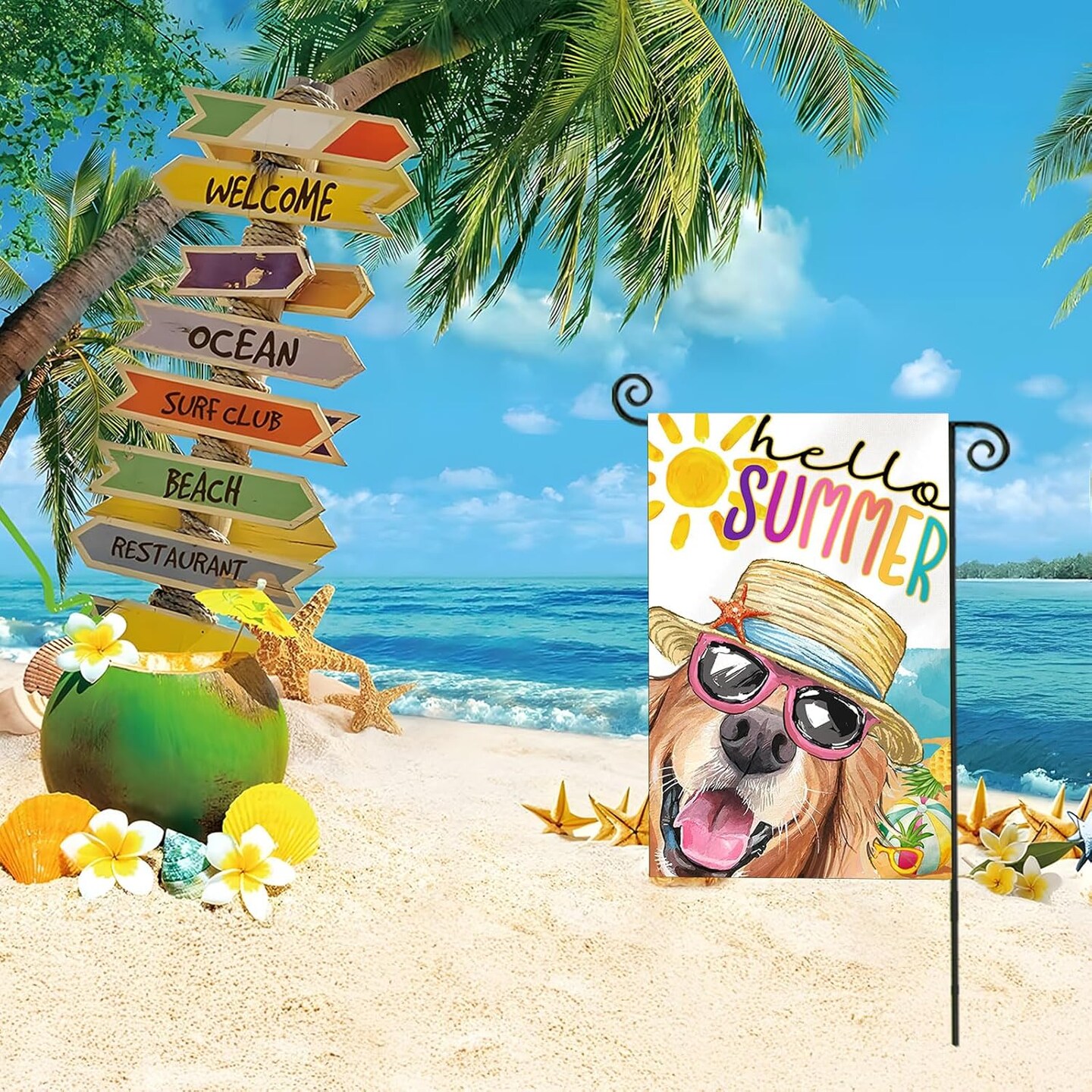 Hello Summer Garden Flags for Outside, Dog with Sunglass Beach Sun Hat Yard Decoration, Small Seasonal Outdoor Decor