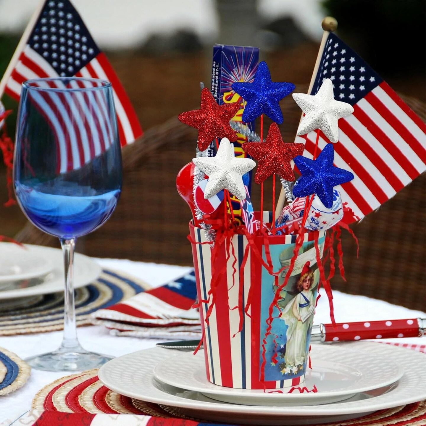 12 Pcs 4th of July Red White Blue Glitter Puffy Star Picks Foam Sparkly Sticks Floral Arranging Supplies for Memorial Day National Day Independence Day Party Tabletop Decoration