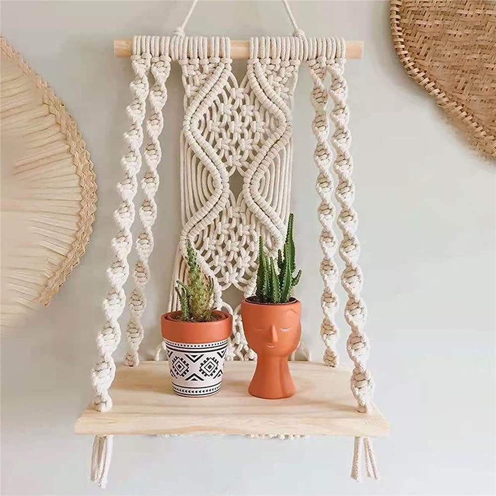Macrame Wall Hanging Plant Shelf Handmade Boho Rope Shelf for Indoor and Outdoor Use, Floating Wooden Shelve for Plants and Decorative Display