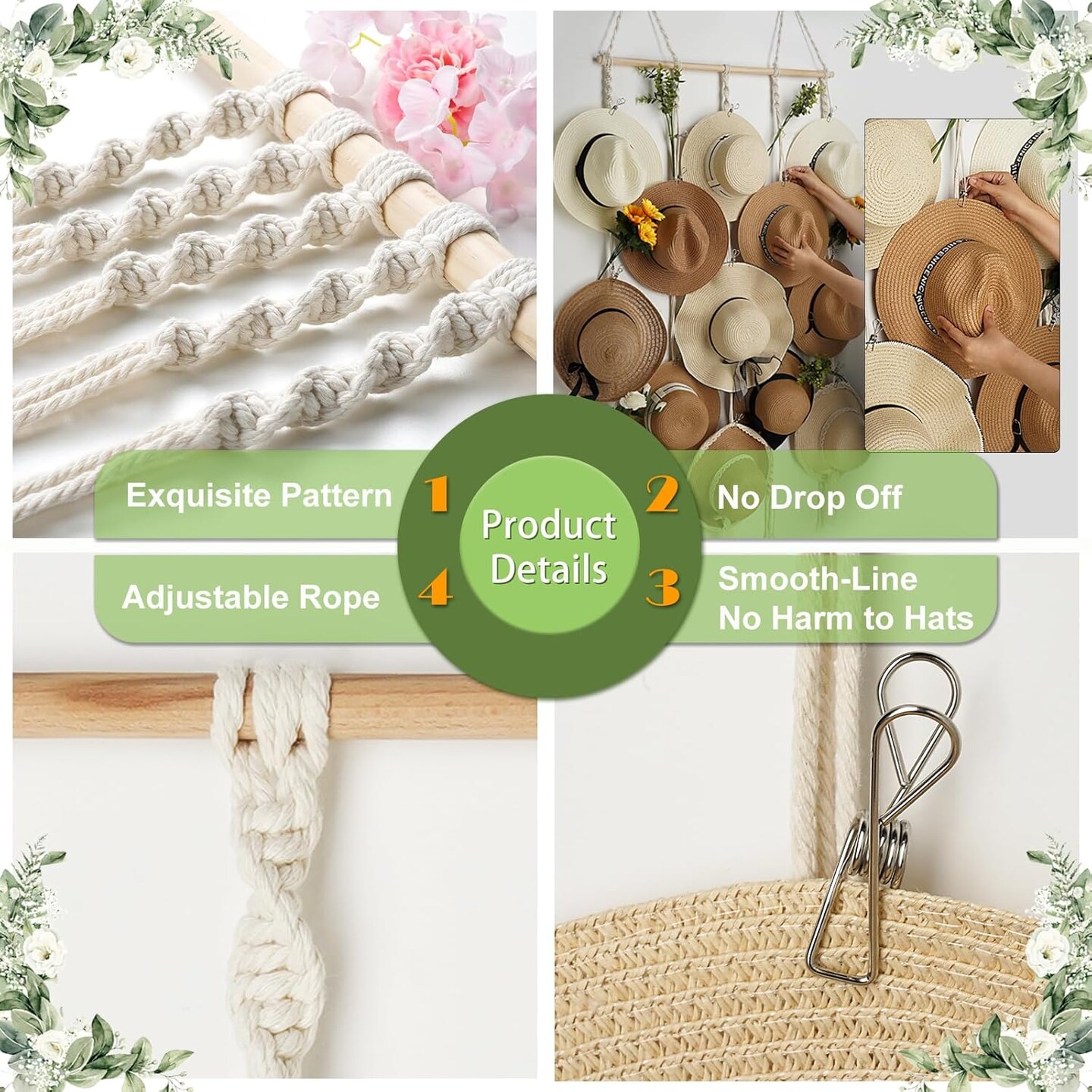 Macramé Hat Rack for Wall – 31" x 53" Boho Hat Organizer with 15 Clips, Hanging Holder for Women’s Wide-Brimmed Hats, Fedora Storage and Decorative Display