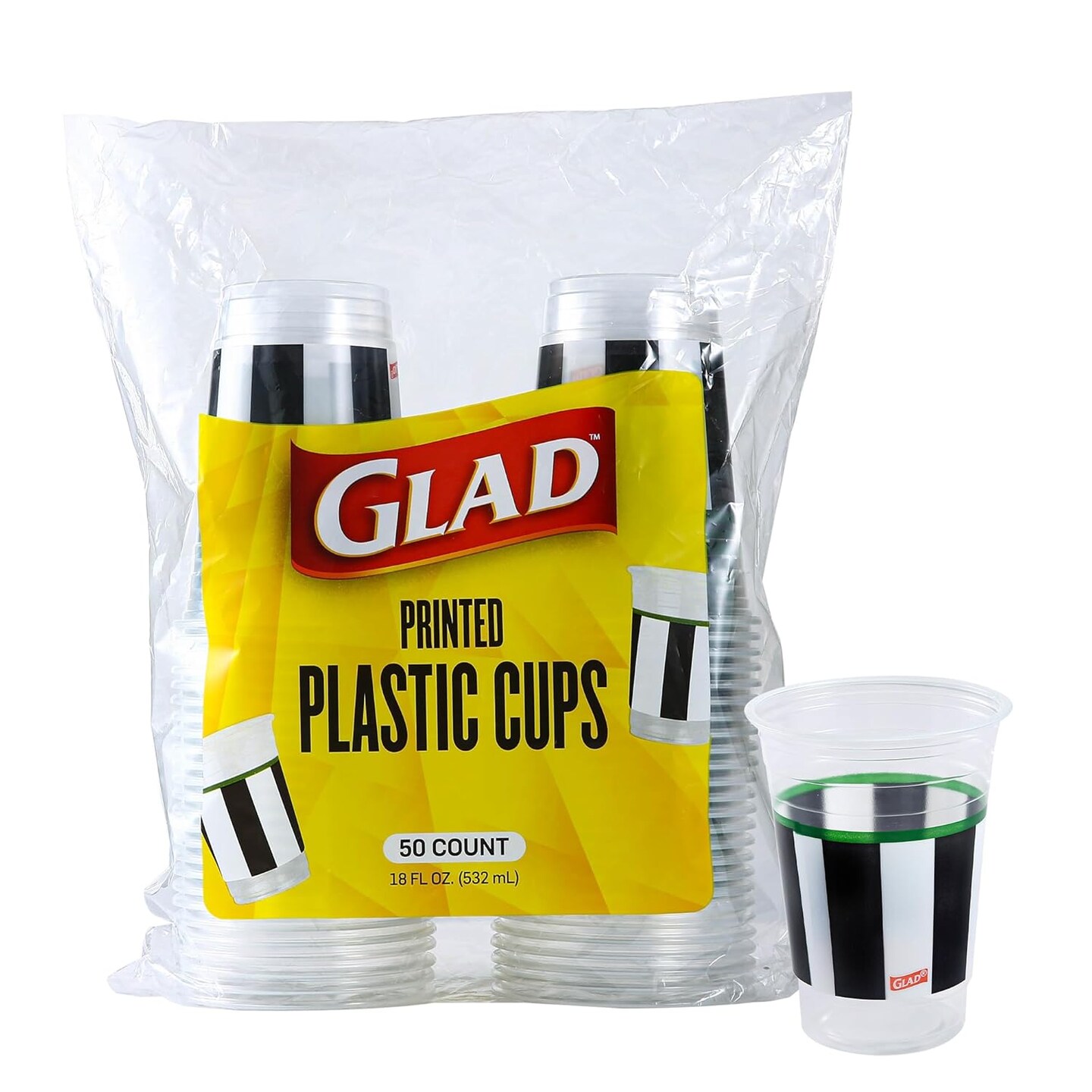 50-count of 18 oz clear plastic cups with a referee football print. Durable and sturdy, perfect for any occasion or event.