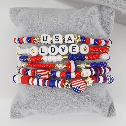 American Flag Bracelet for Women Mens USA Red Blue White Beads Stretch Bracelet Set Patriotic 4th of July Independence Day