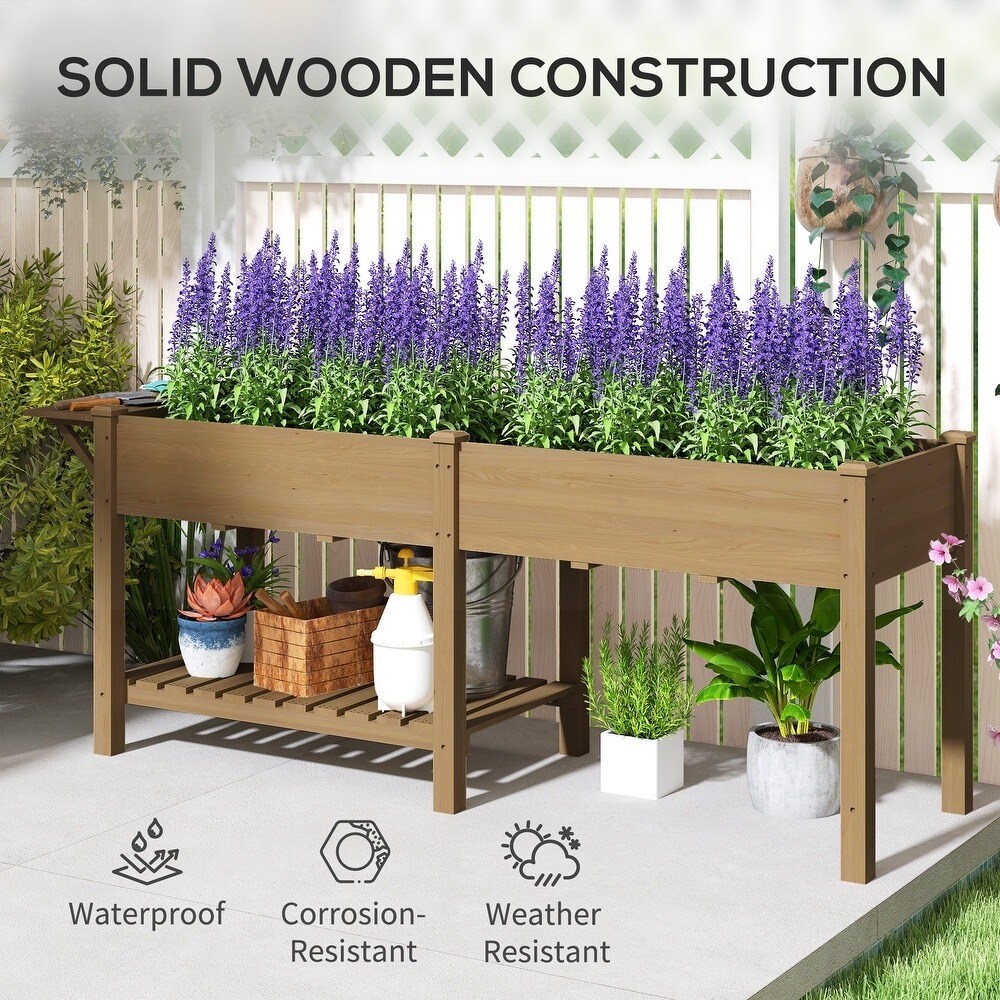 Wood Raised Garden Bed with Side Table, Bottom Shelf &#x26; Drainage Hole