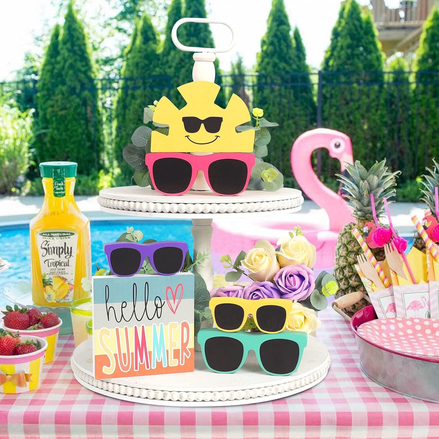 Summer Decor - 6 PCS Rustic Summer Tabletop Decor - Hello Summer Sunglasses Sunshine Wood Decorations - Luau Party Decorations