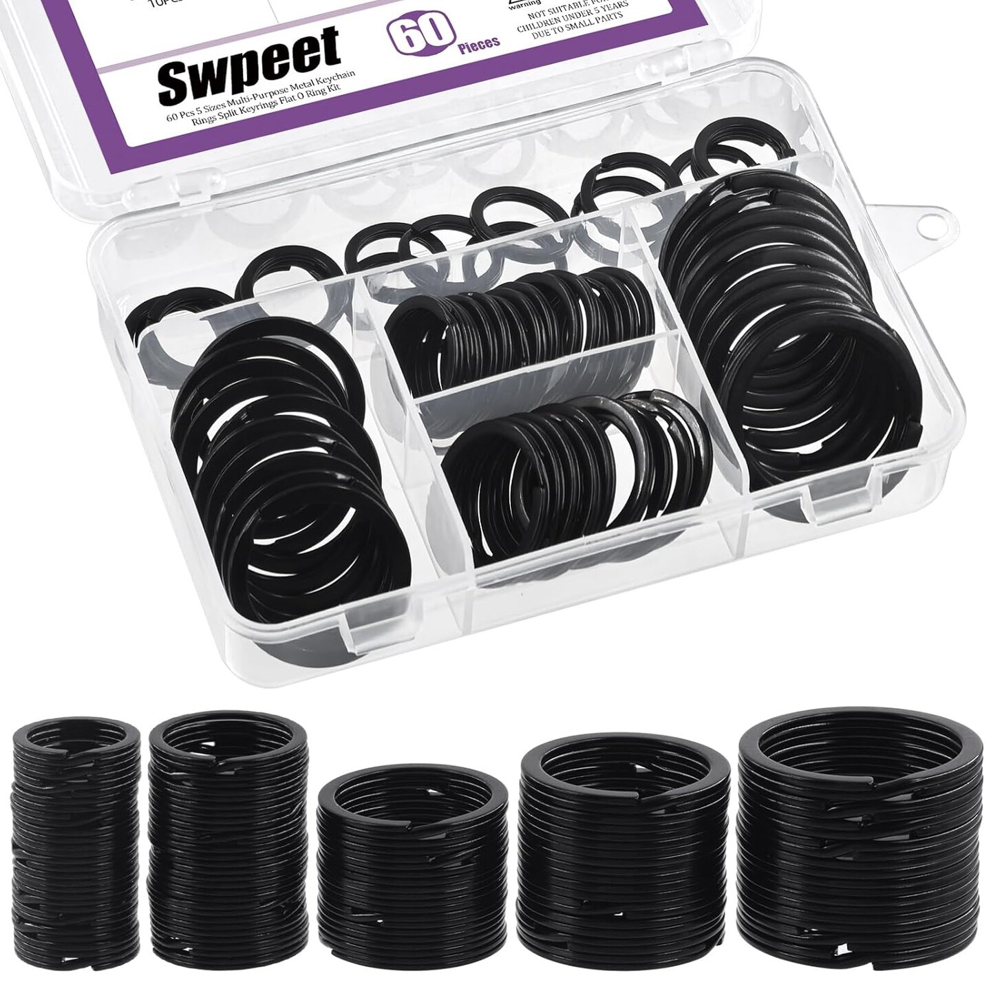 60-Piece Black Assorted Metal Keychain Rings – Multi-Purpose Split Keyrings (20mm, 25mm, 30mm, 35mm, 38mm) for Home, Car Keys, Pendants, and Attachments