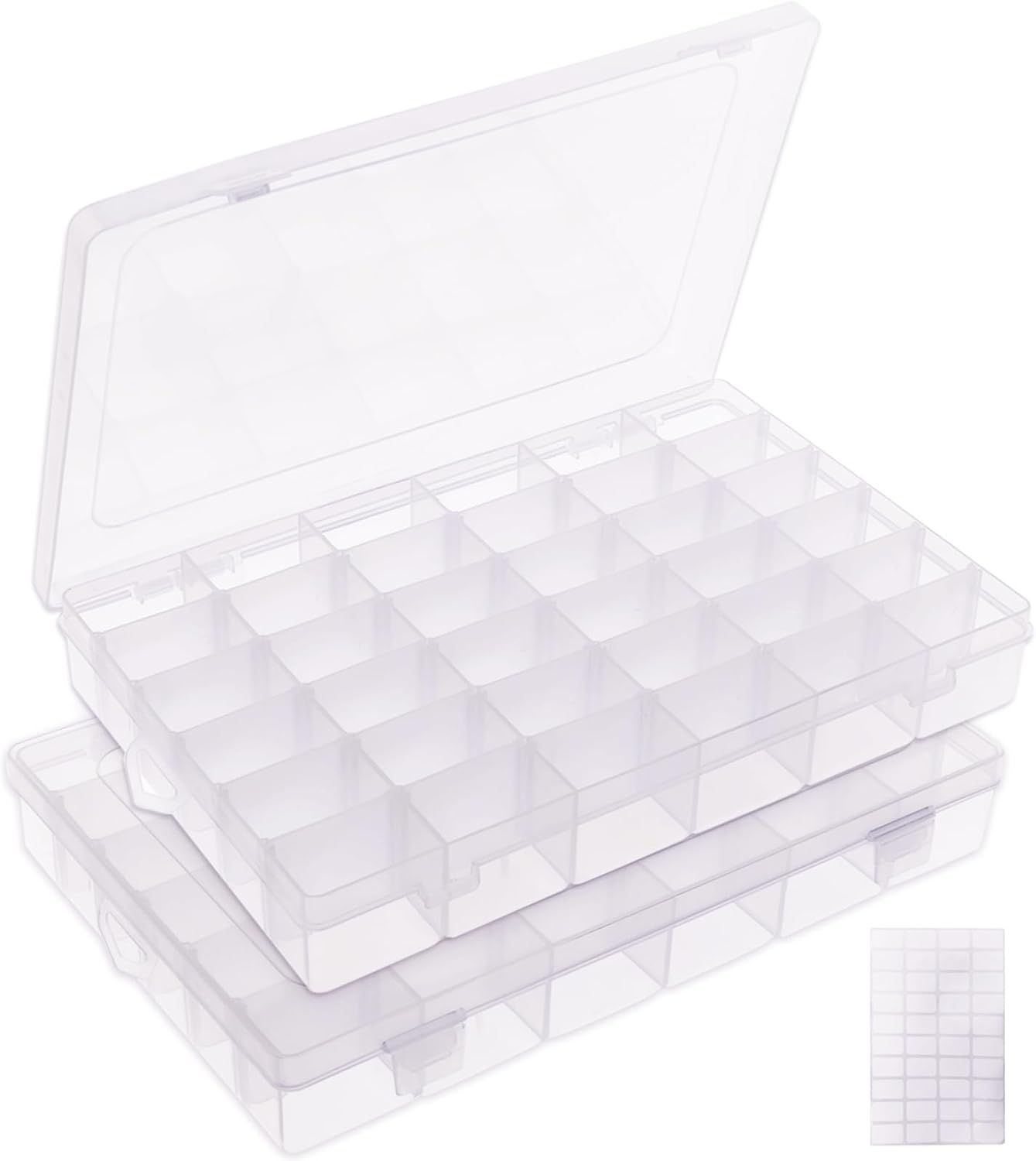 2-Pack 36-Grid Plastic Bead Organizer Boxes – Adjustable Divider Storage for Jewelry Making, Crafts, Screws, Parts, Tackle, and Rock Display
