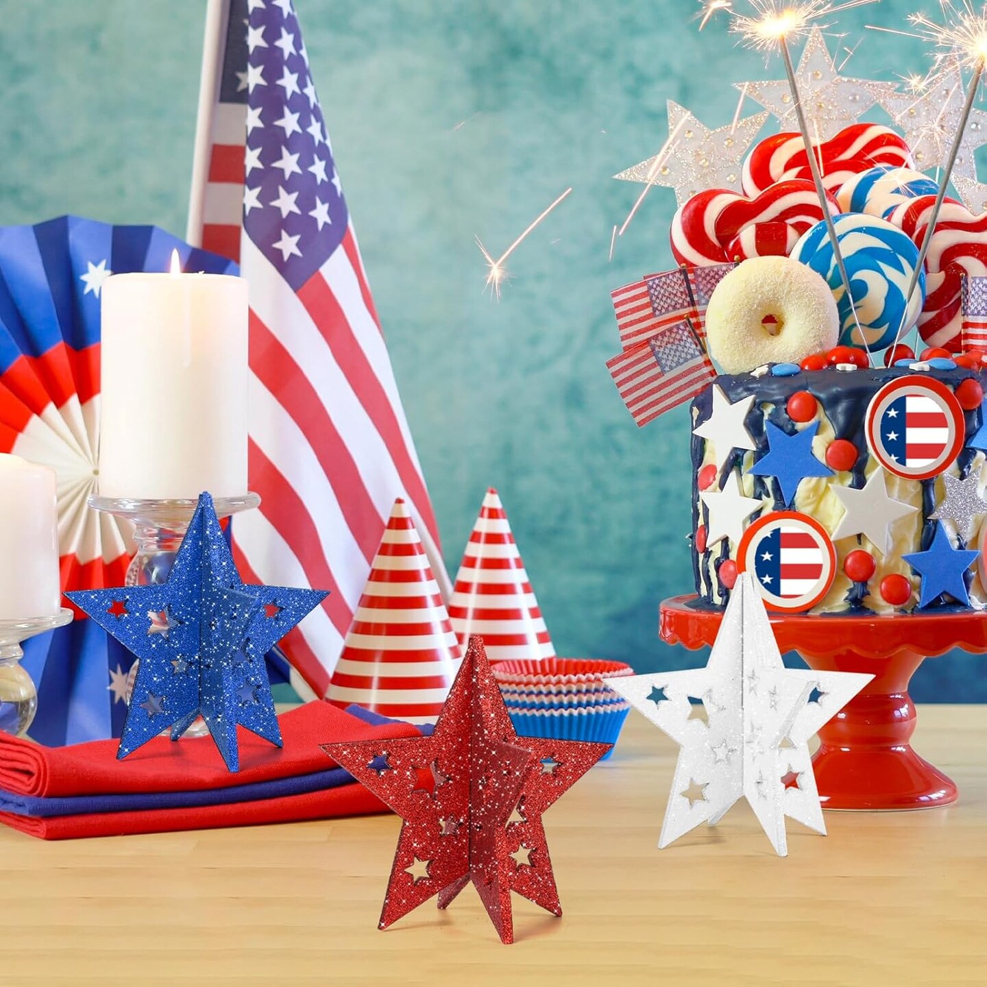 Labor Day Decorations Wooden Stars Set, 3D Glitter Star Memorial Day Tabletop Decor, 4th of July Red White Blue Patriotic Decoration for Home Table Desk Door Shelf (Cutout, Set of 3)