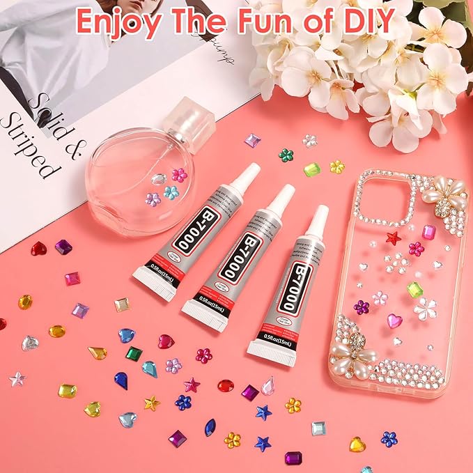 900 Pcs Jewels for Bedazzling with 3 Pack B7000 Jewelry Glue &#x2013; Flat Back Craft Gems and Rhinestones for Clothing, Sequins, Fabric Decoration