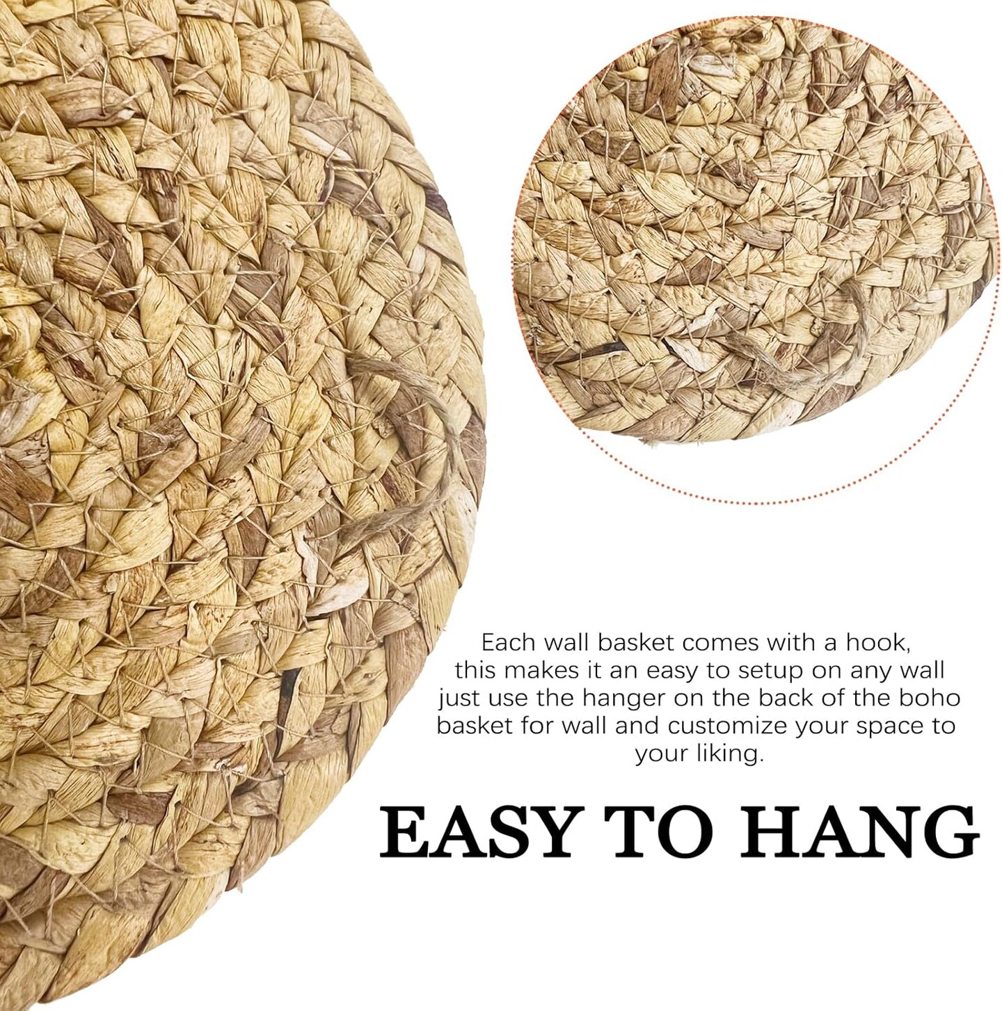 7-Pack Boho Wall Baskets – Round Seagrass Rattan Wicker Wall Décor, Handmade Rustic Flat Hanging Wall Art for Farmhouse Living Room, Bedroom, Kitchen, or Home Display